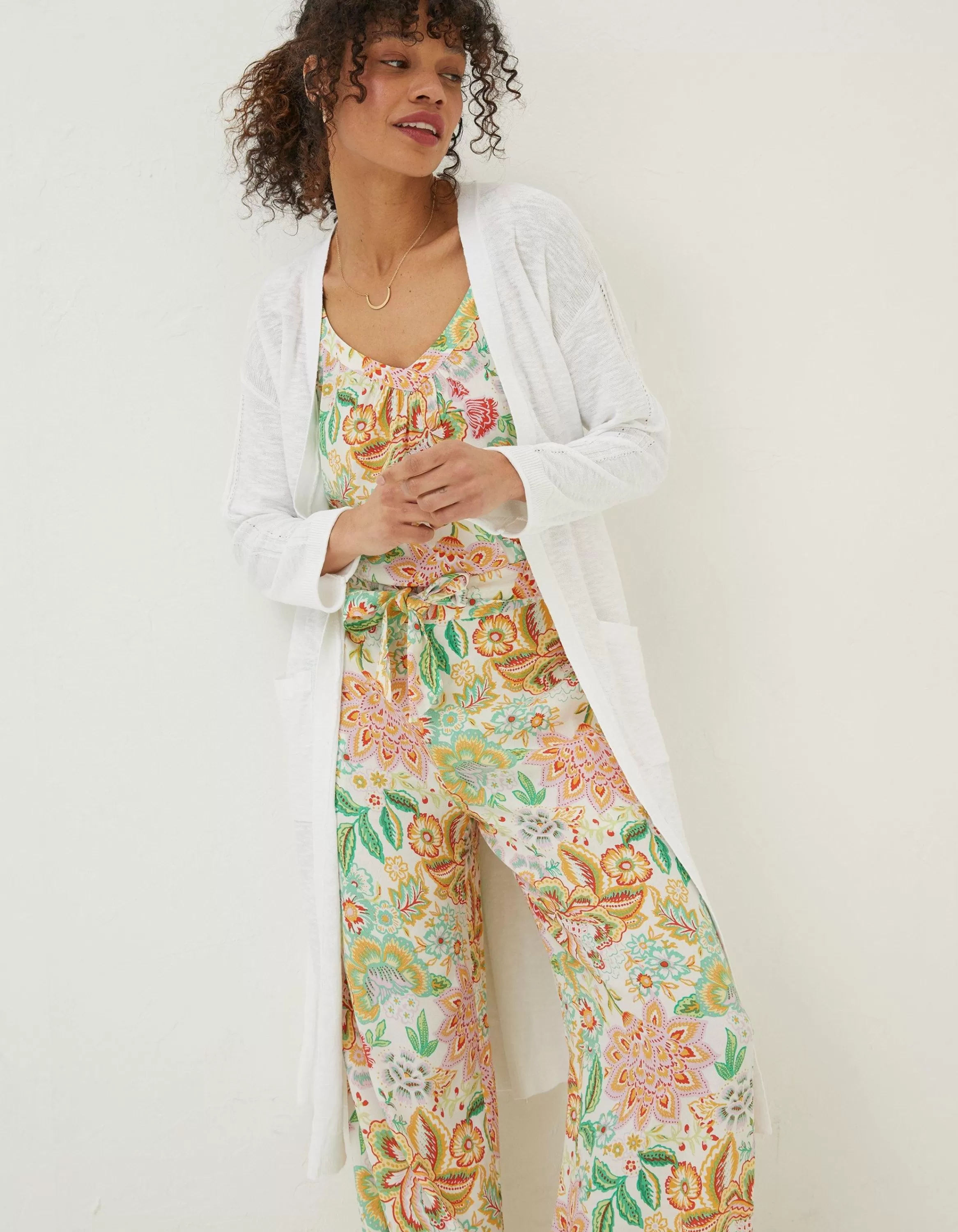 Hot FatFace Lindsay Cotton Linen Longline Cardigan White