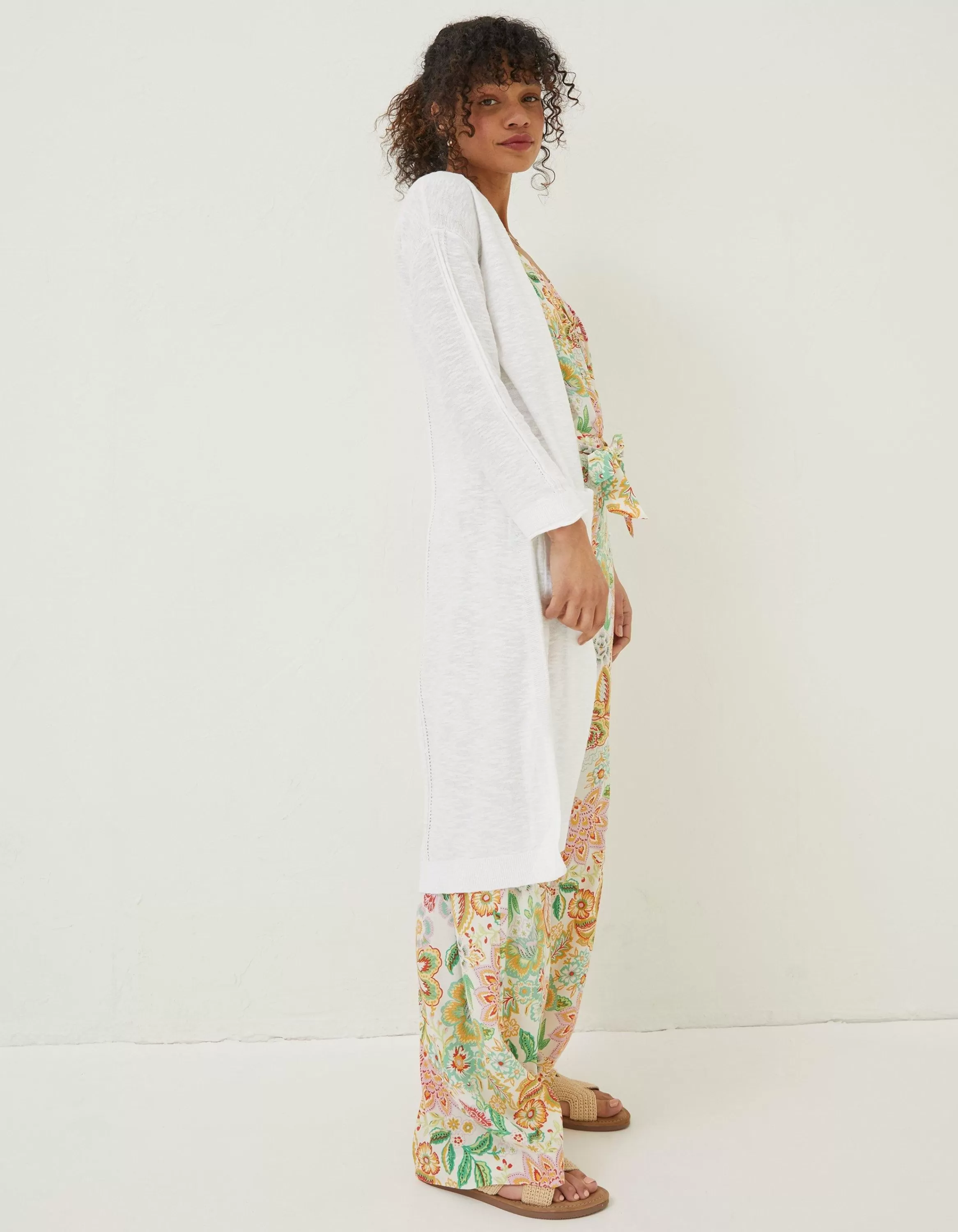 Hot FatFace Lindsay Cotton Linen Longline Cardigan White