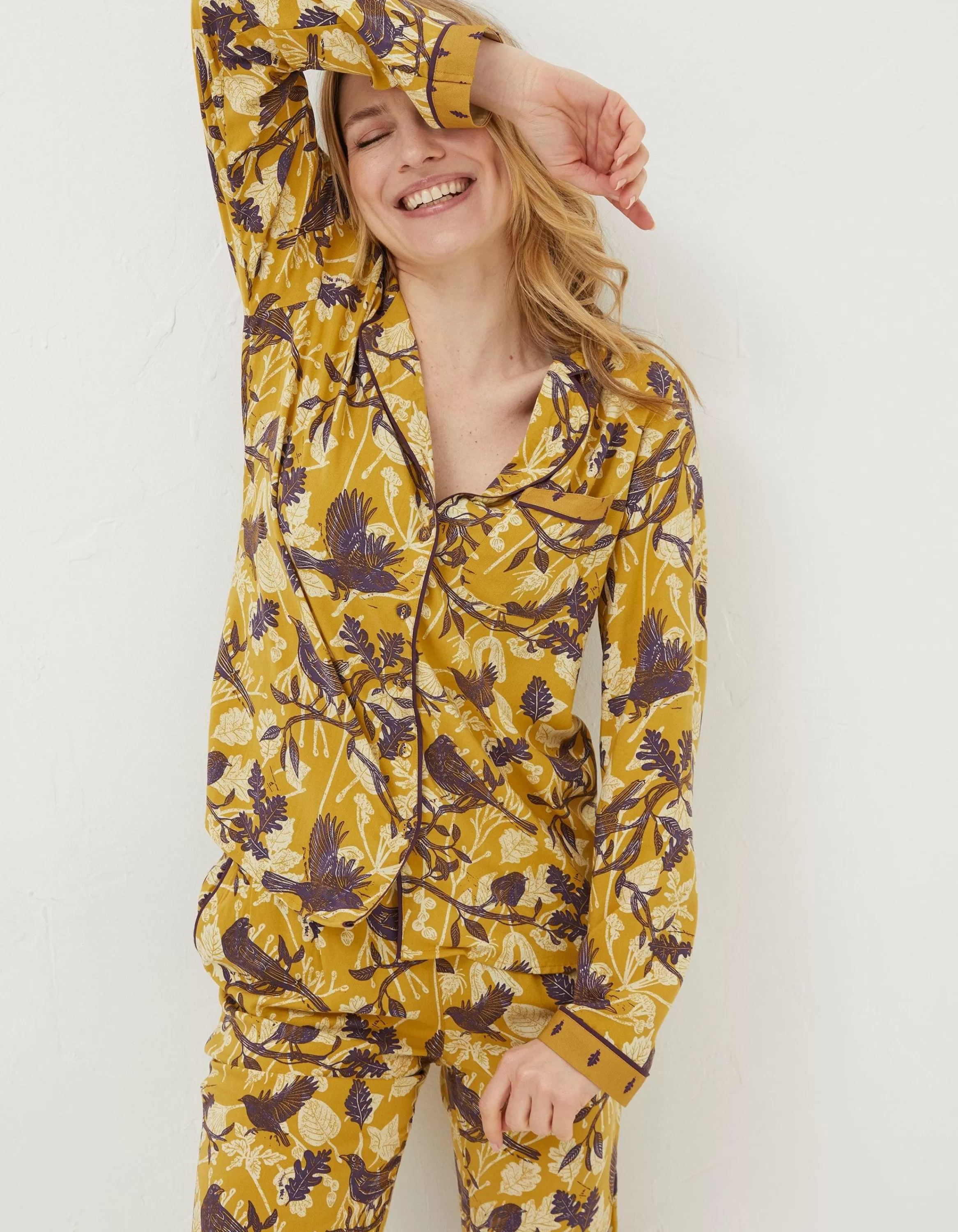 Fashion FatFace Lino Birds Pyjama Top Washed Yellow