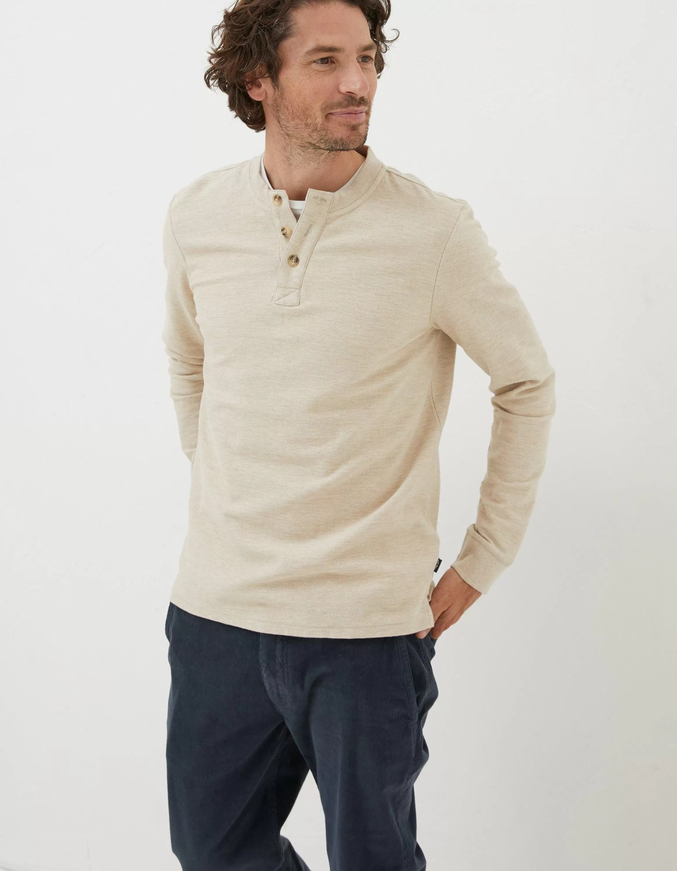 Cheap FatFace Long Sleeve Kintbury Henley Off White