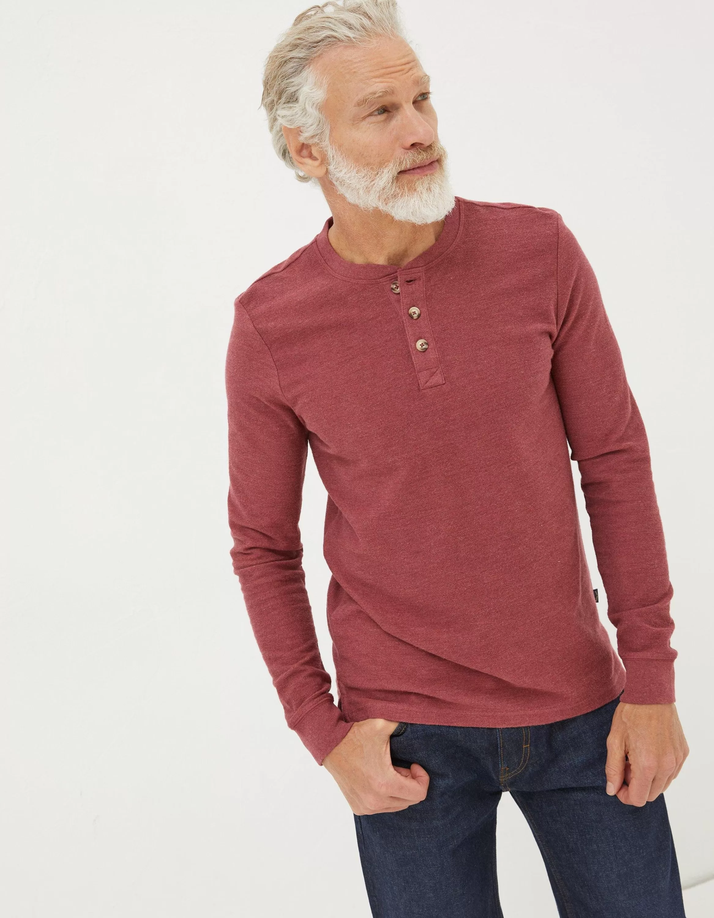 Shop FatFace Long Sleeve Kintbury Henley Burgundy