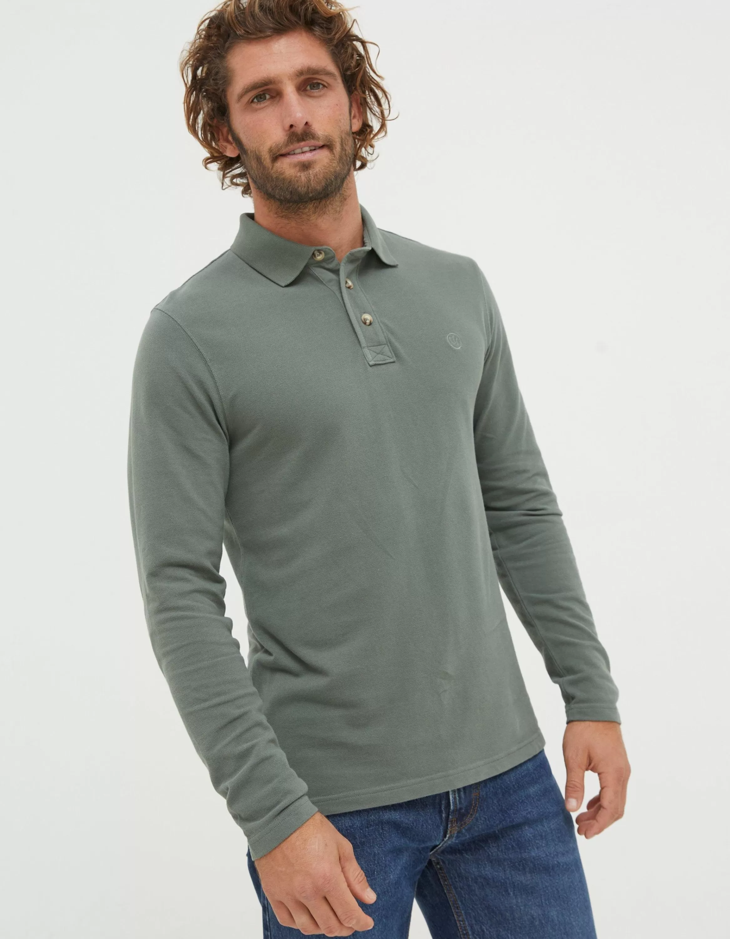 Clearance FatFace Long Sleeve Organic Cotton Pique Polo Green Haze