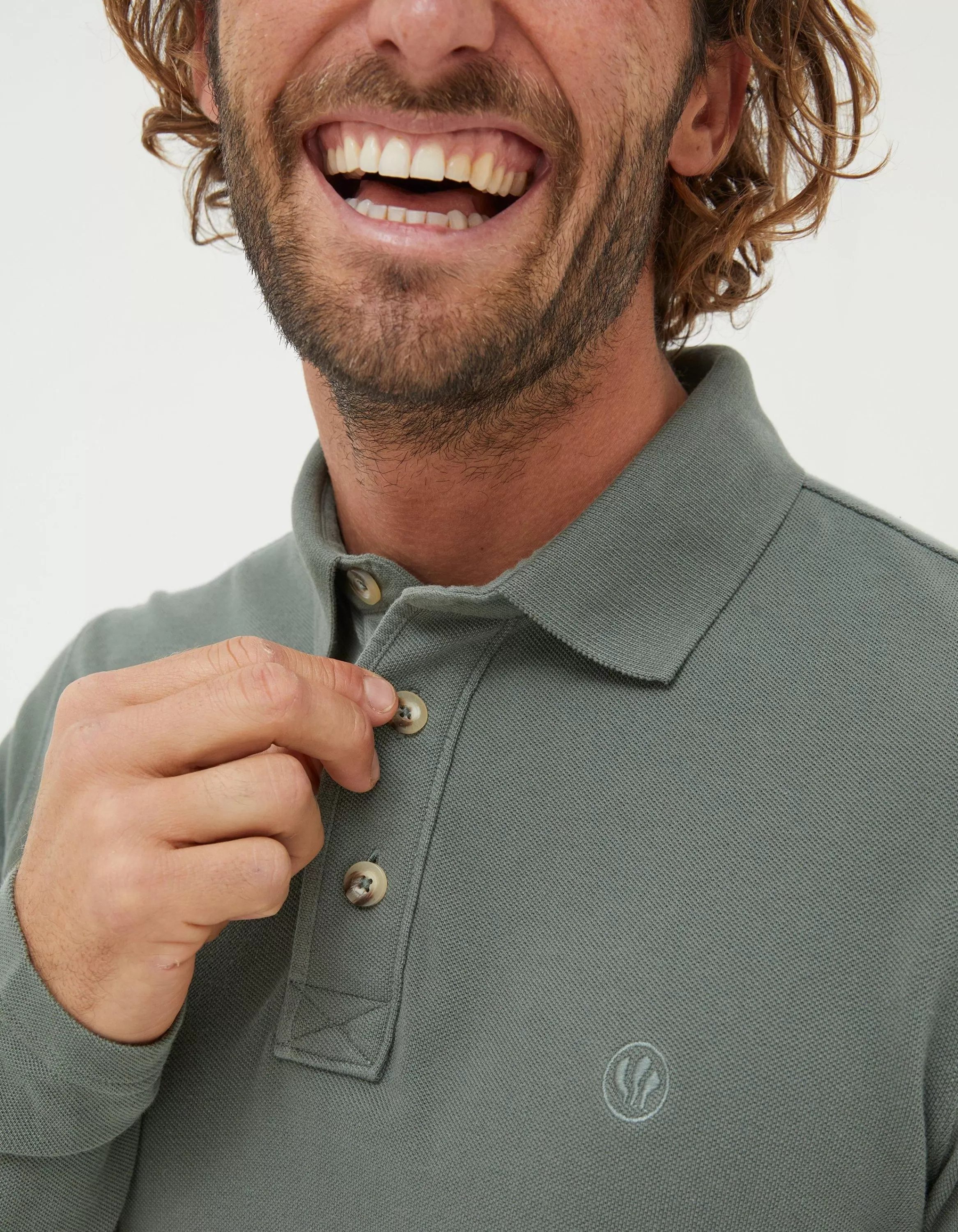 Clearance FatFace Long Sleeve Organic Cotton Pique Polo Green Haze