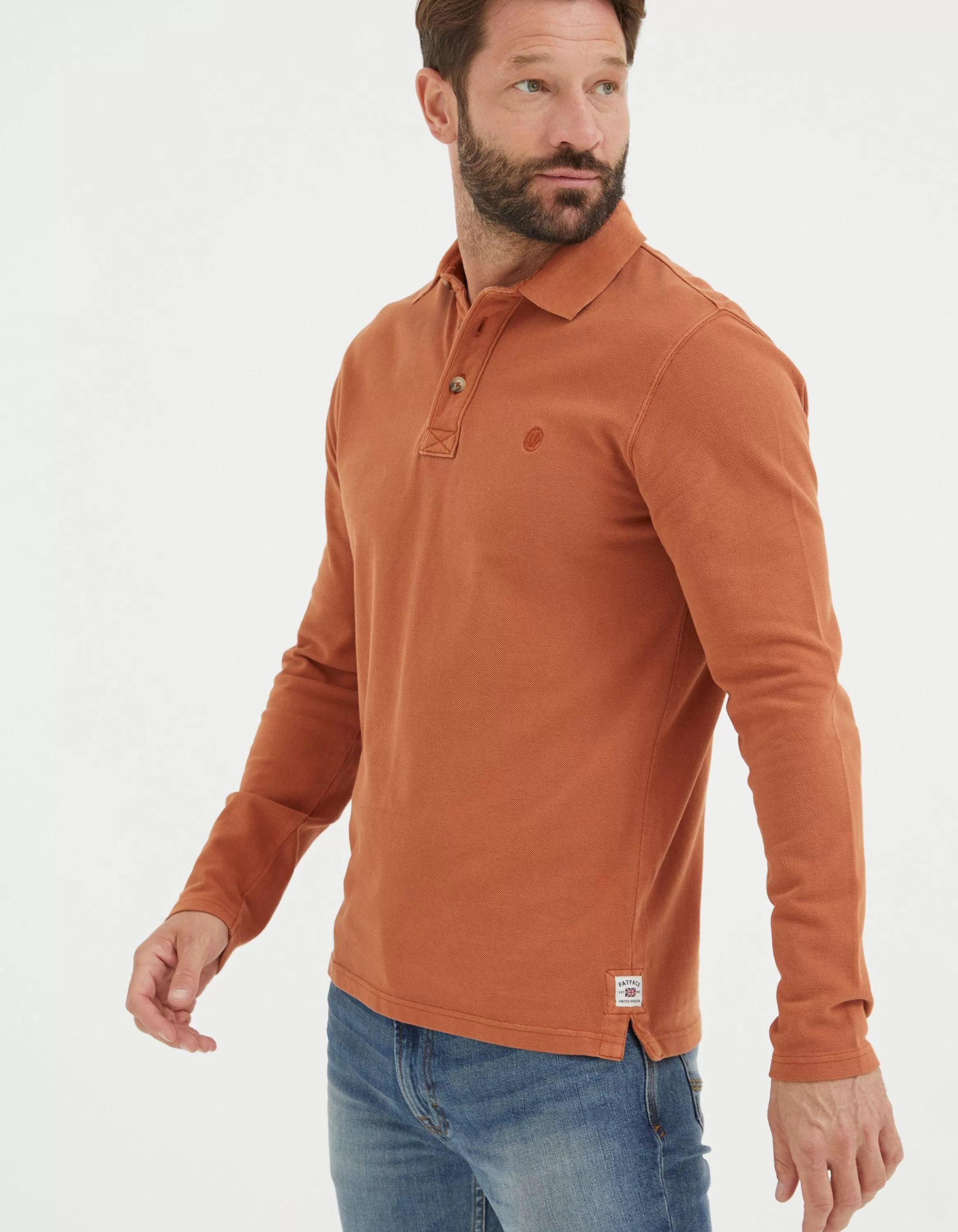 Fashion FatFace Long Sleeve Organic Pique Polo Washed Orange