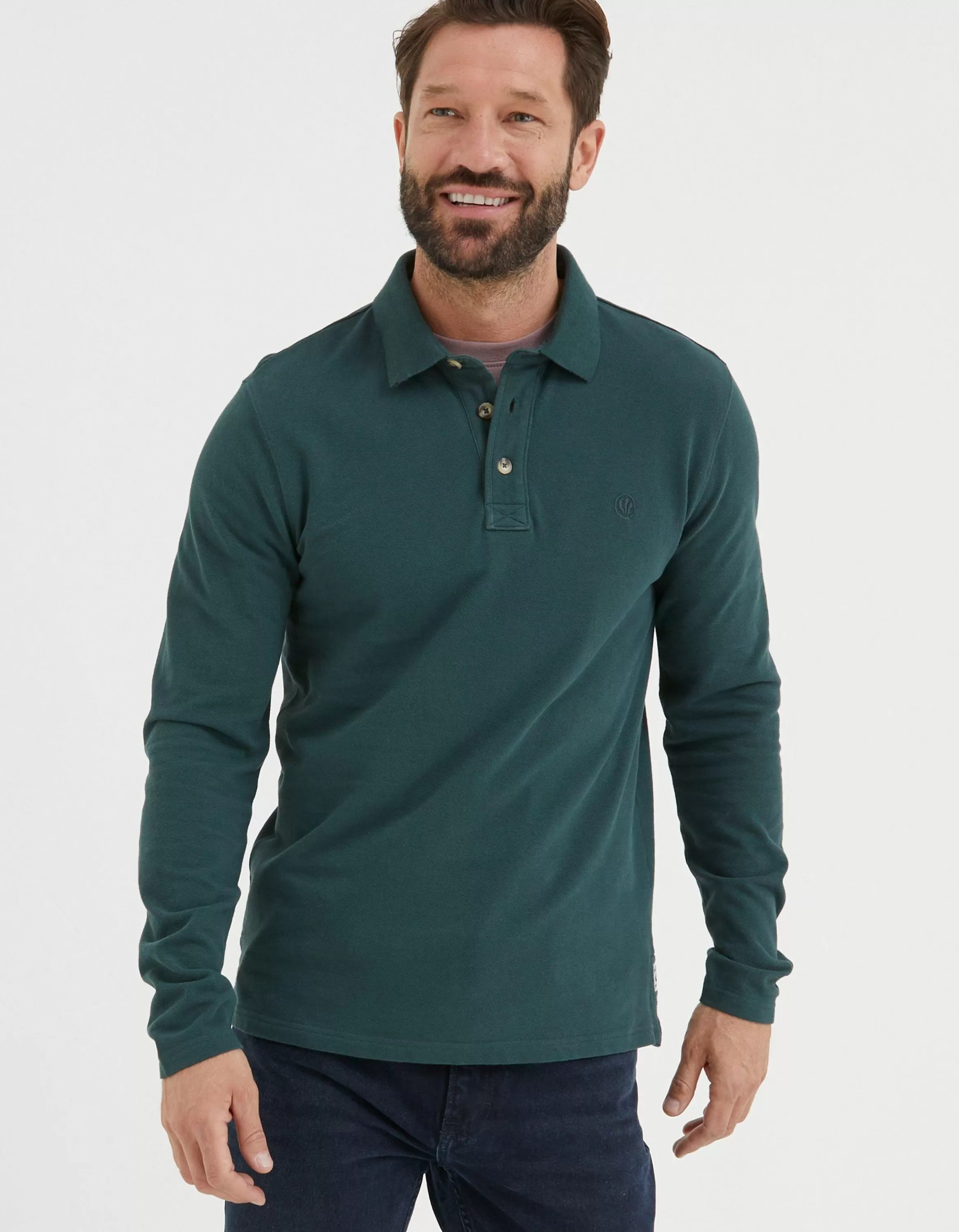 Hot FatFace Long Sleeve Organic Pique Polo Jade Green