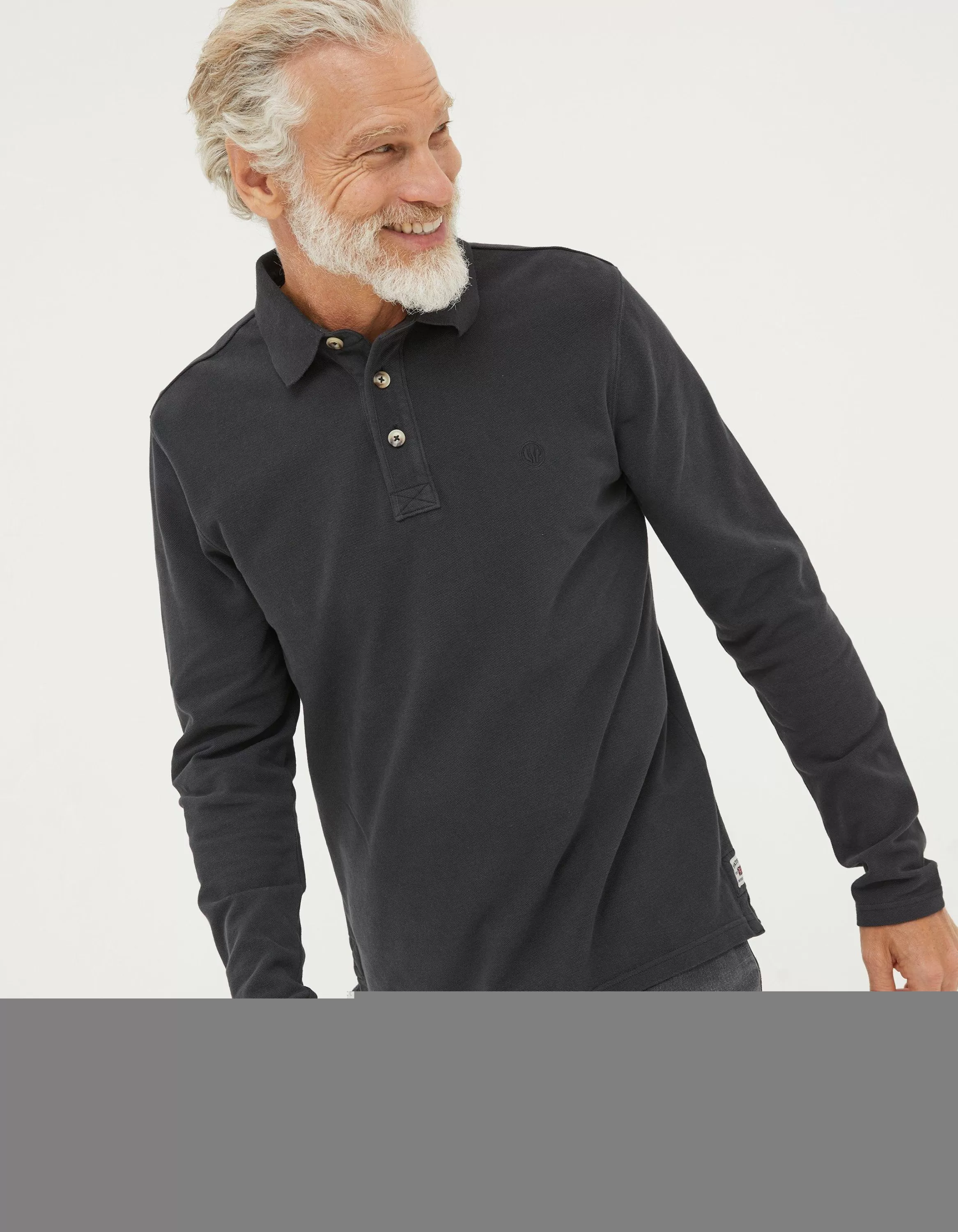 Outlet FatFace Long Sleeve Organic Pique Polo Vintage Black