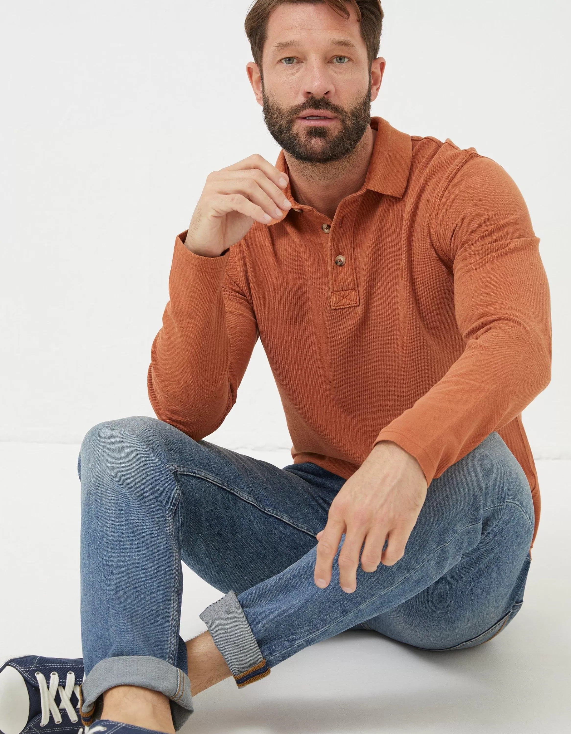 Fashion FatFace Long Sleeve Organic Pique Polo Washed Orange