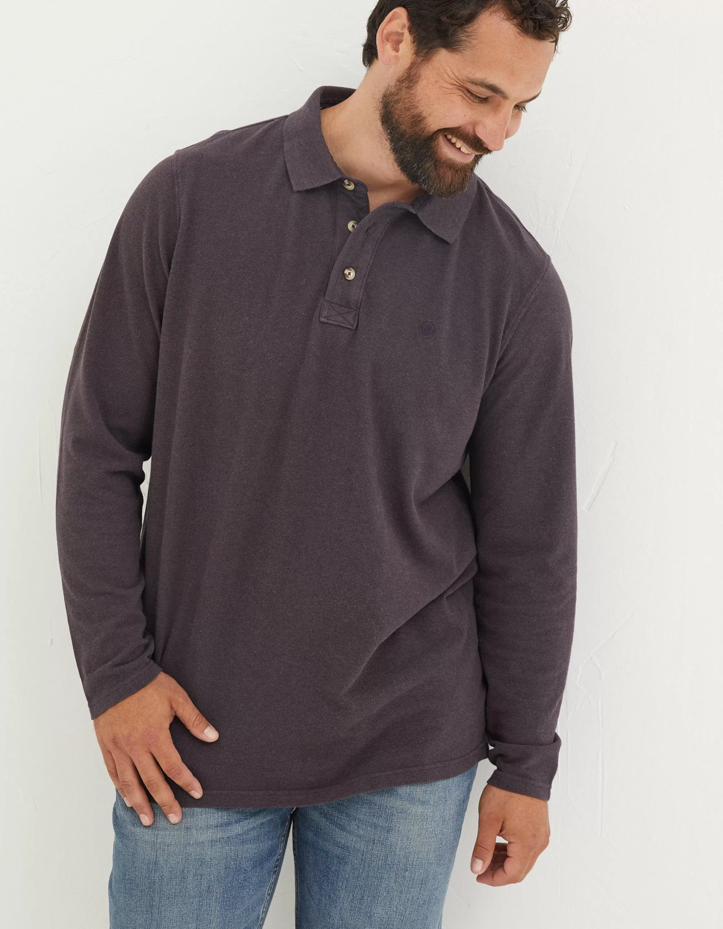 Flash Sale FatFace Long Sleeve Organic Pique Polo Plum