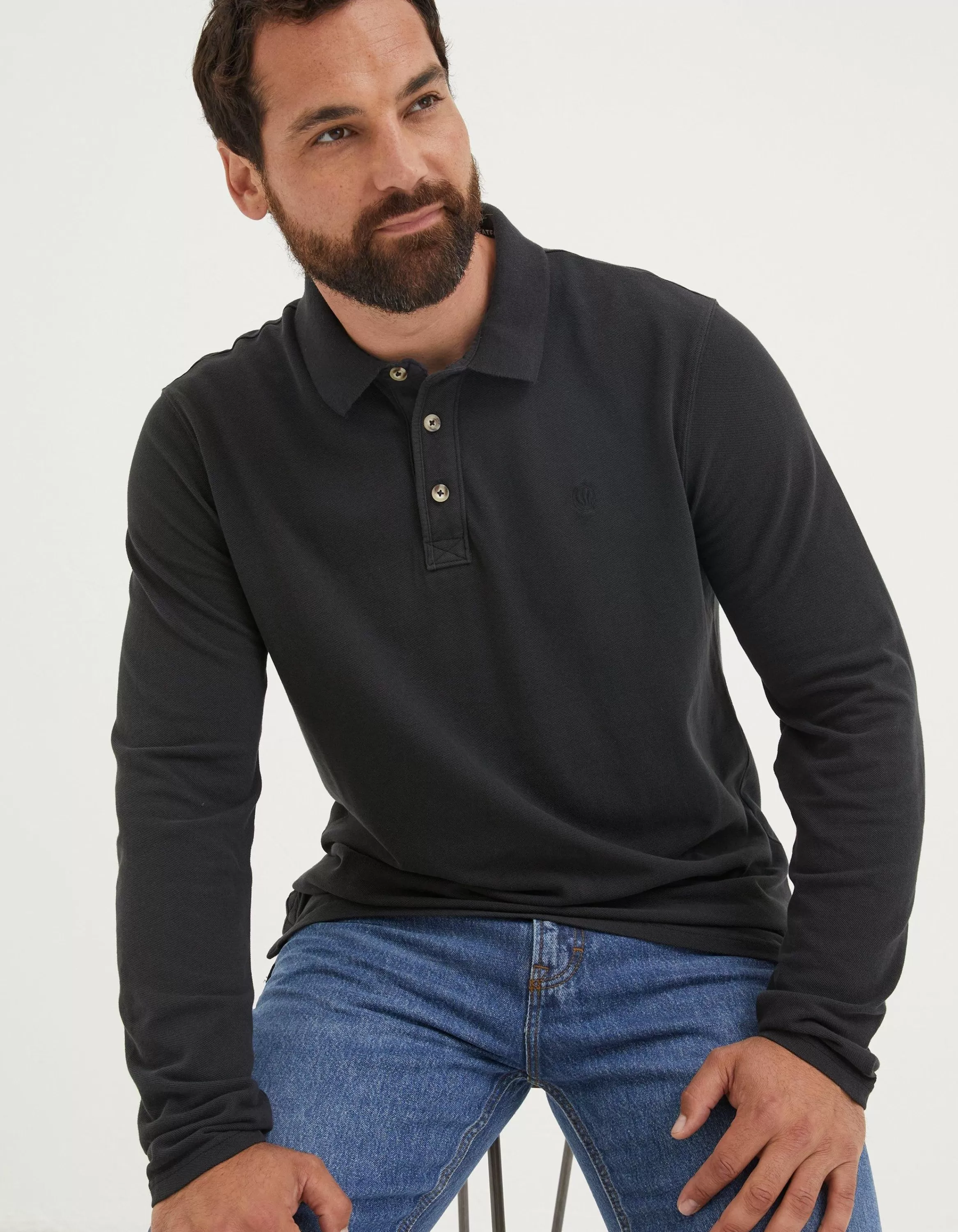 Outlet FatFace Long Sleeve Organic Pique Polo Vintage Black