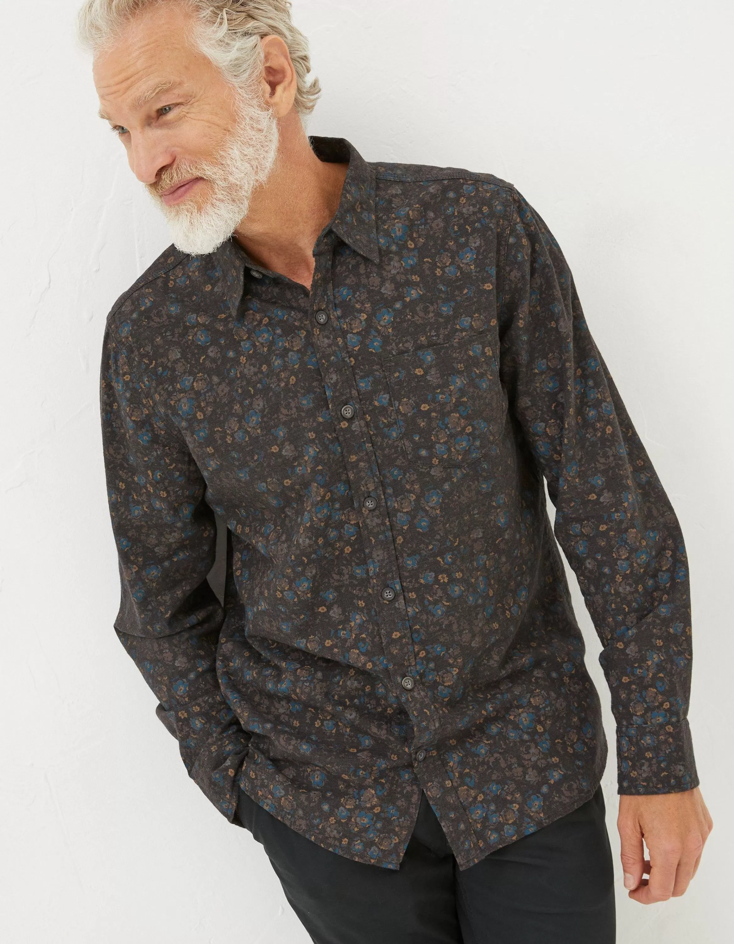 Cheap FatFace Long Sleeve Painted Floral Print Shirt Grey Marl