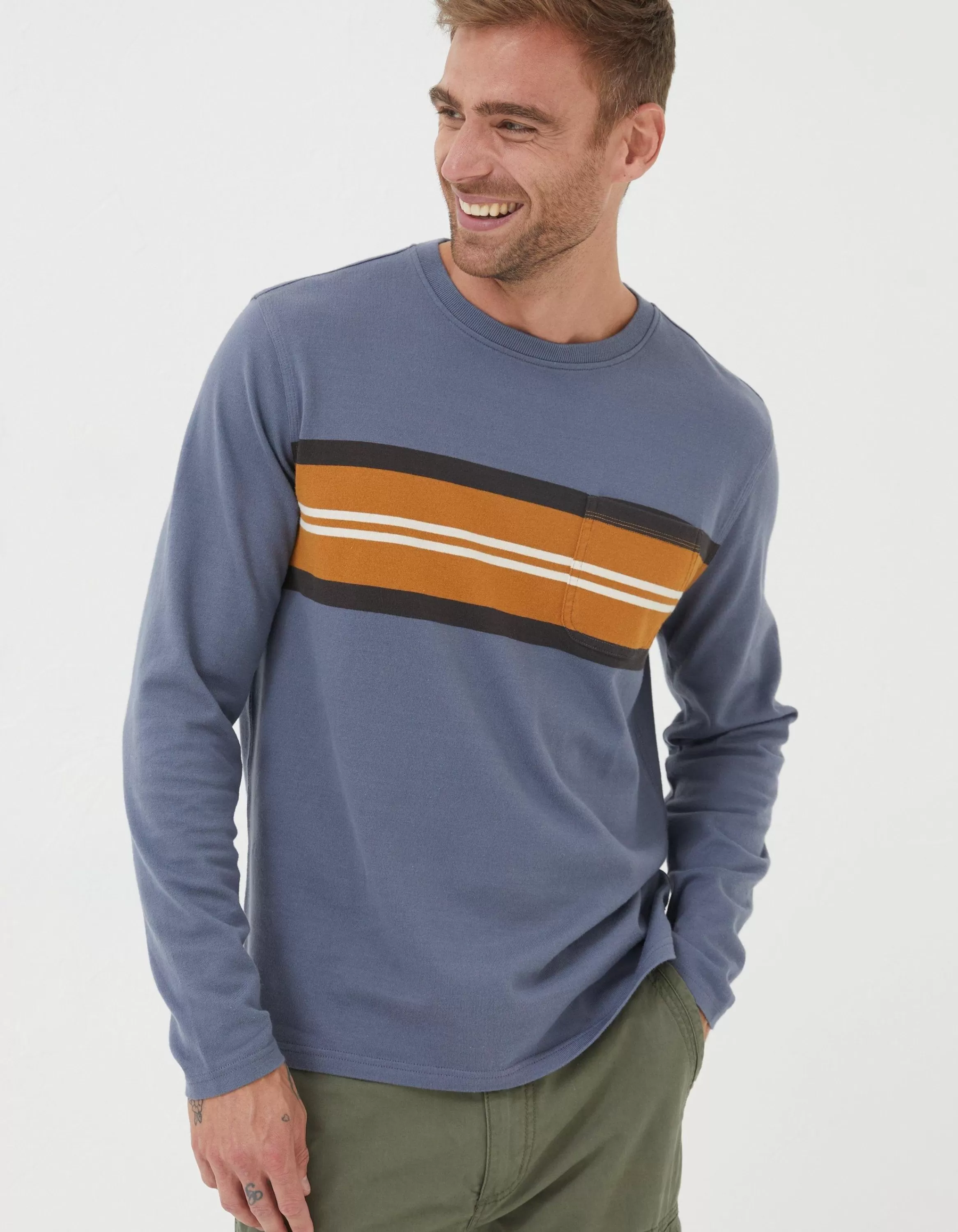 Best Sale FatFace Long Sleeve Pocket Crew Dusky Blue