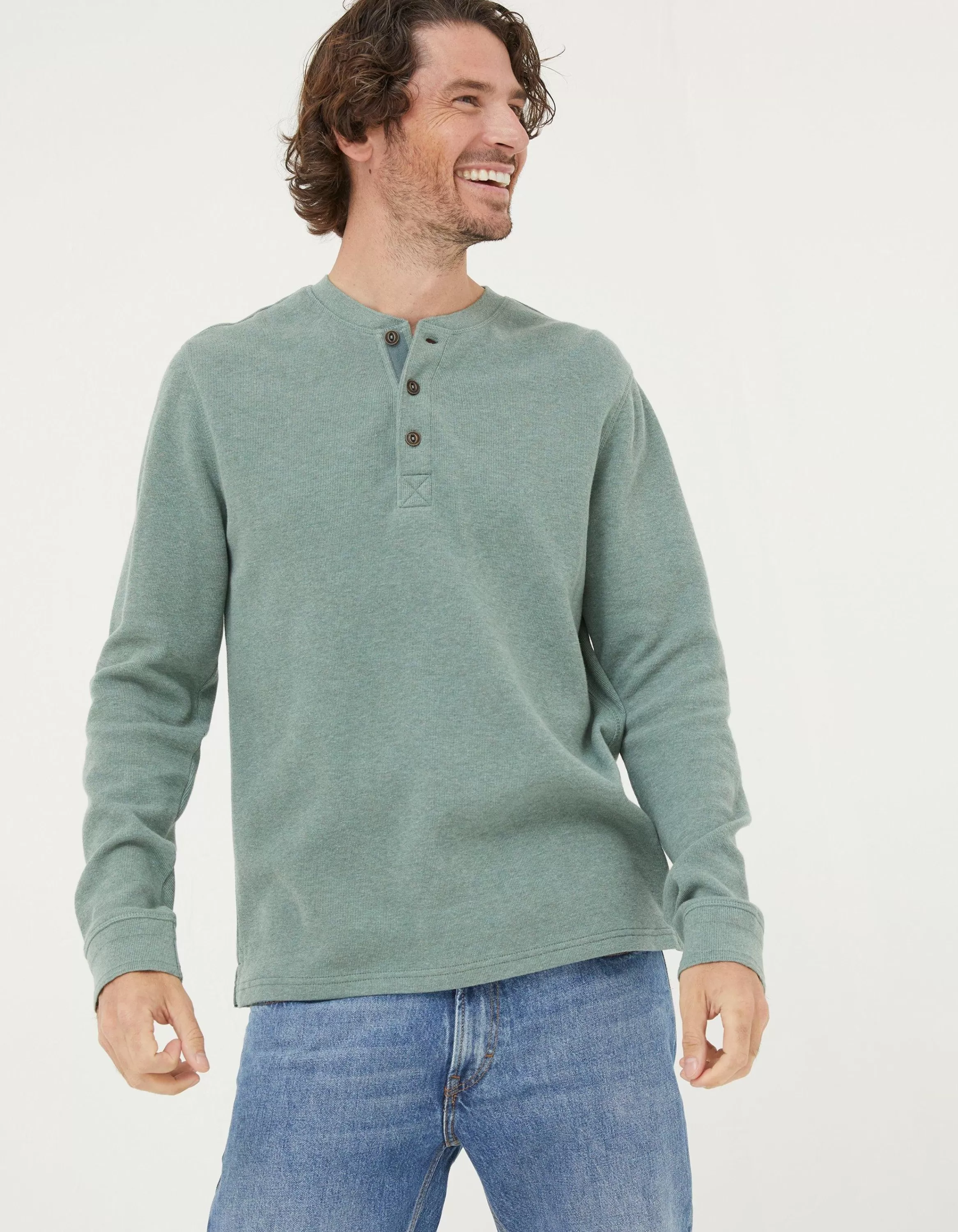 Shop FatFace Long Sleeve Ribbed Henley Light Green