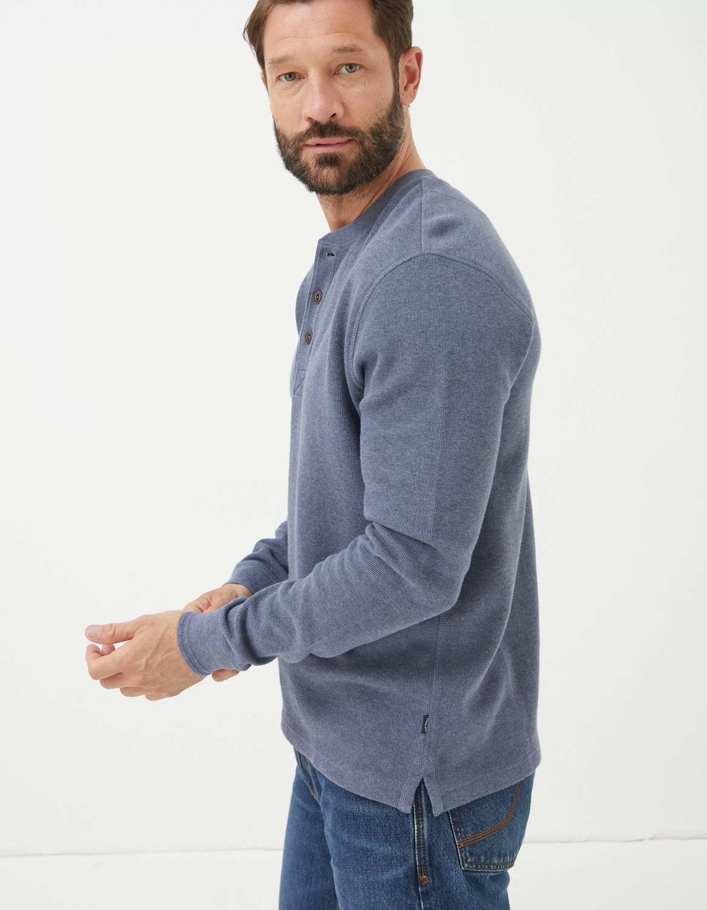 New FatFace Long Sleeve Ribbed Henley Dusky Blue