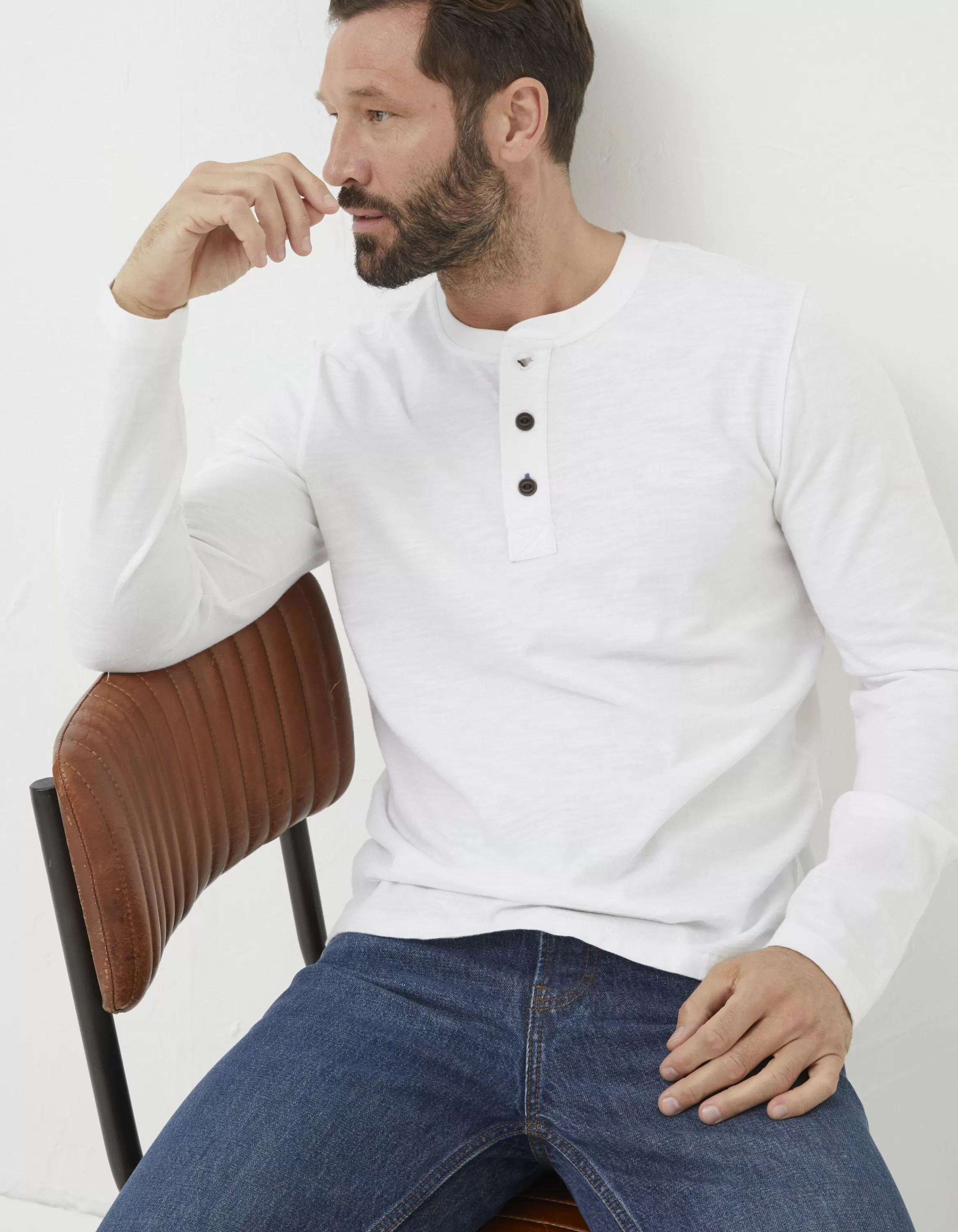 Shop FatFace Long Sleeve Slub Henley T Shirt White