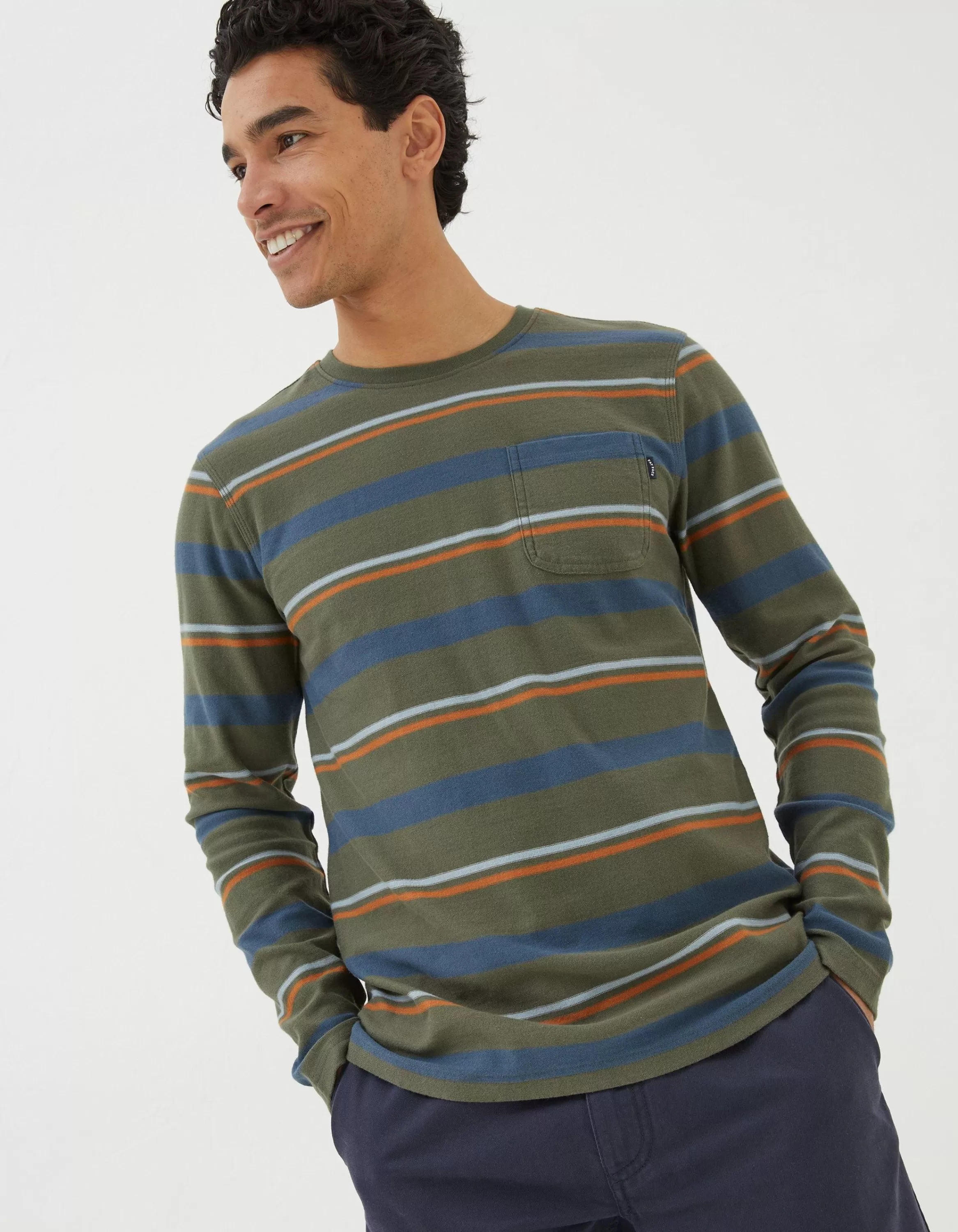 Online FatFace Long Sleeve Stripe Pocket Crew Washed Green