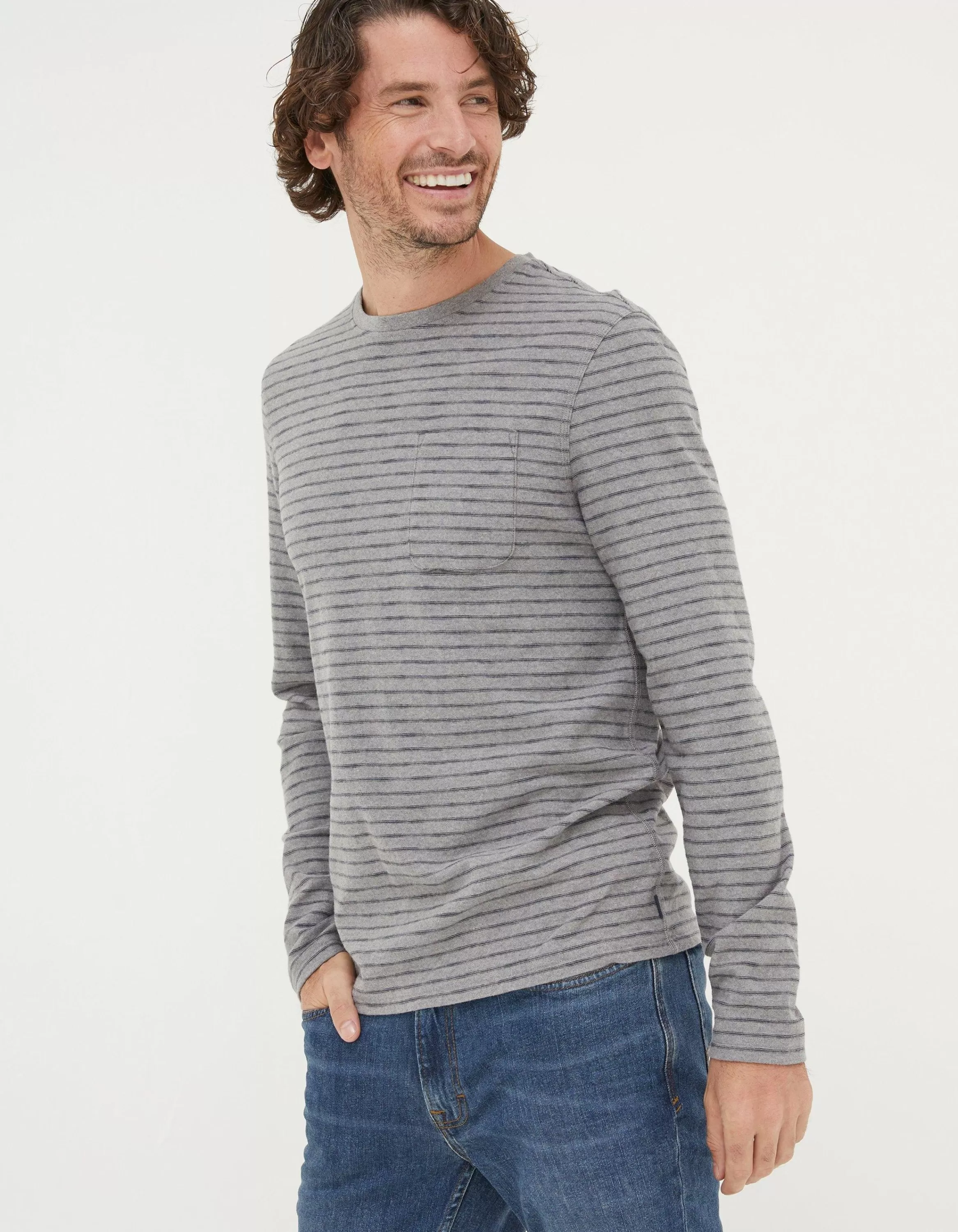 Best FatFace Long Sleeve Stripe Pocket T-Shirt Grey Marl