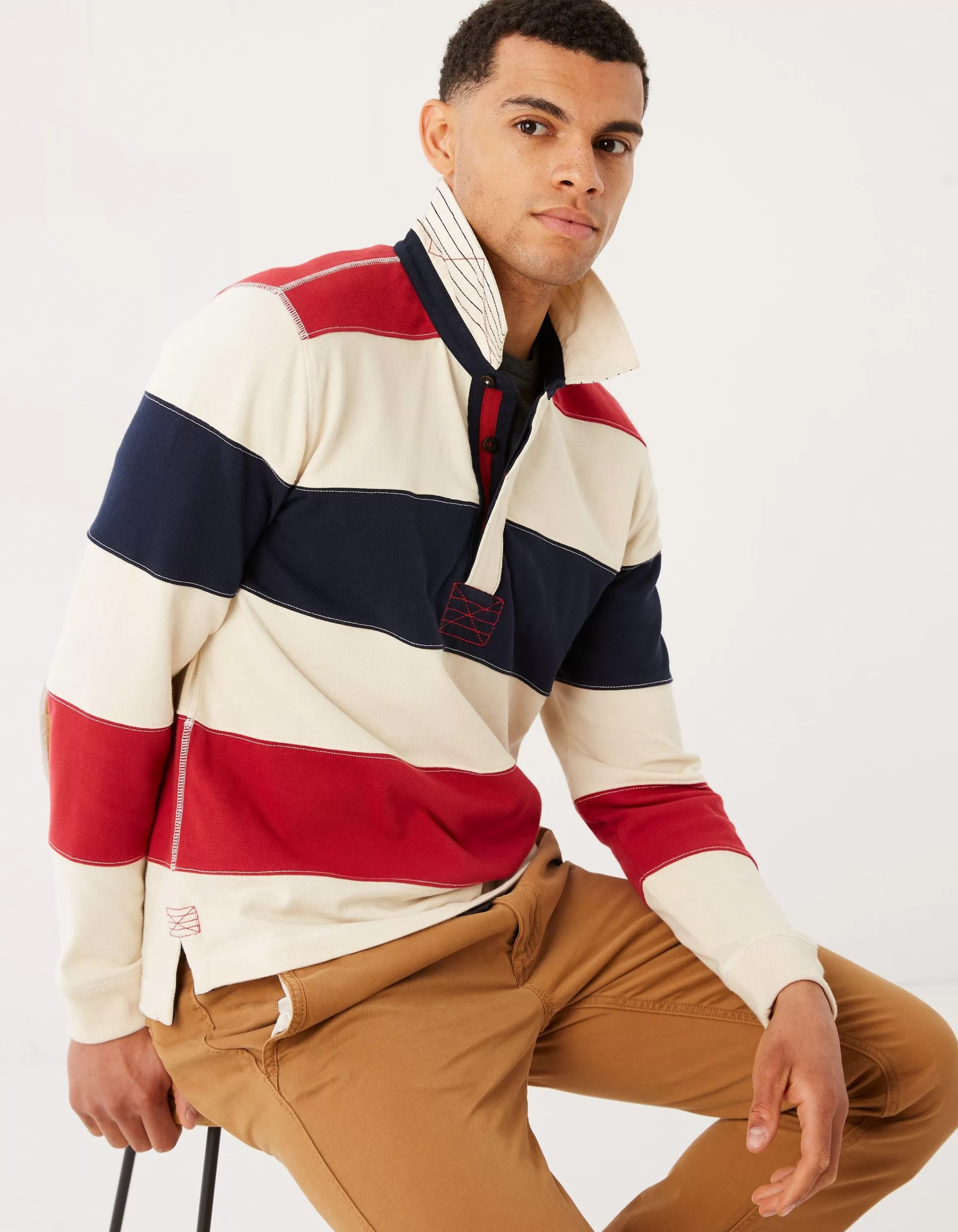 Outlet FatFace Long Sleeve Stripe Rugby Sweat Ecru