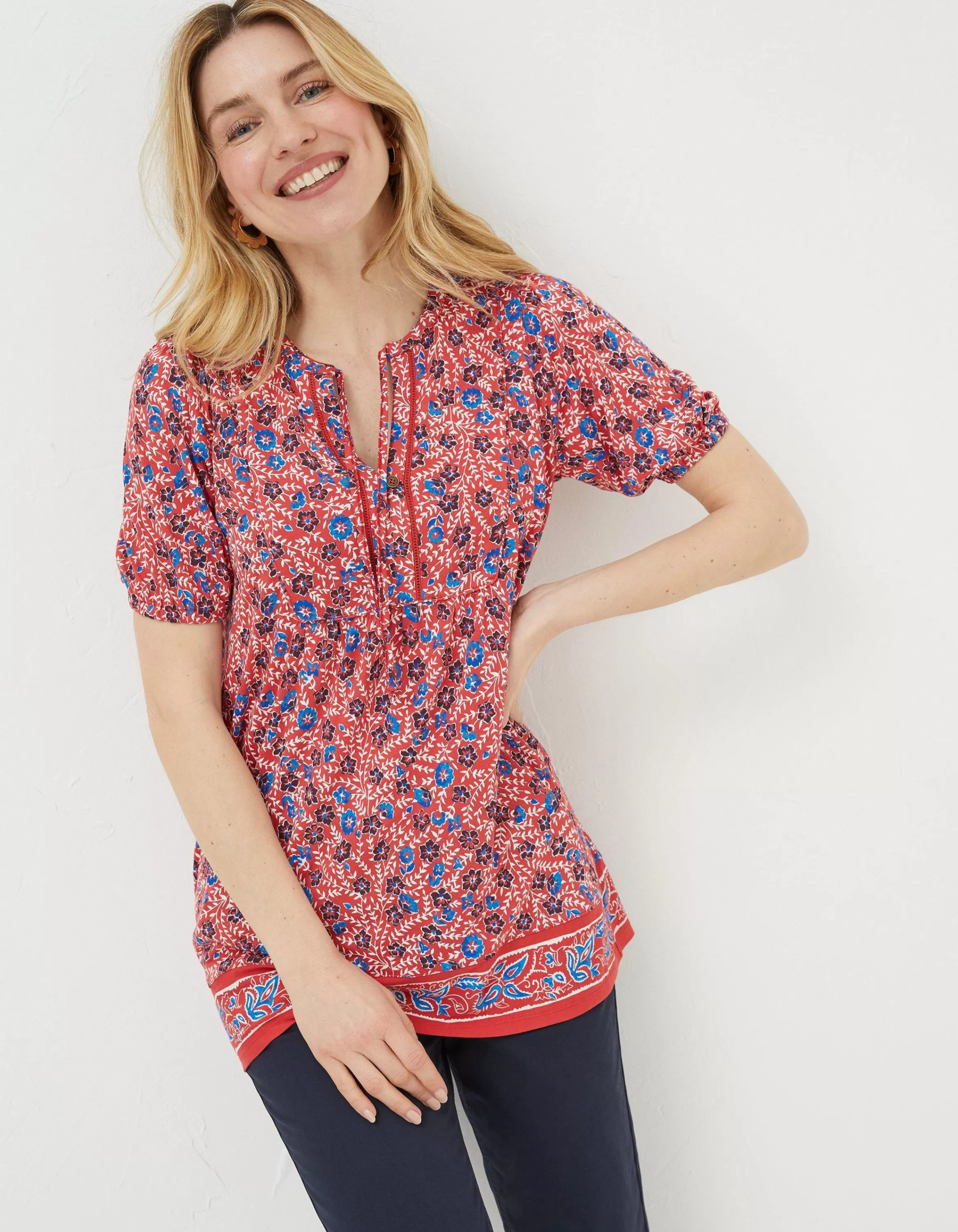 Cheap FatFace Lou Woodblock Meadow Tunic Top Tomato Red