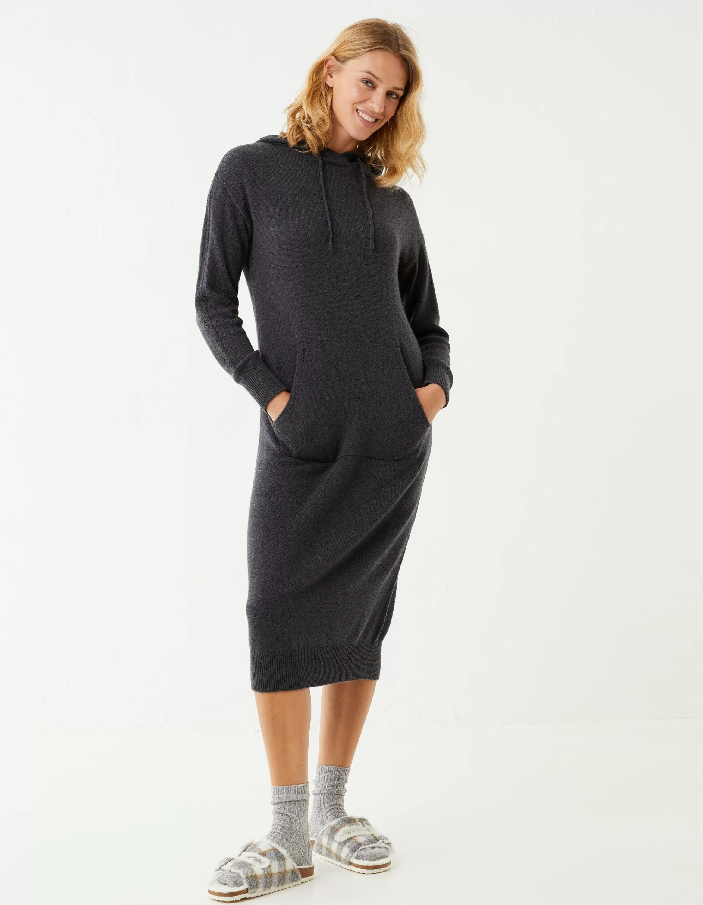 Online FatFace Lounge Knitted Hoodie Dress Charcoal