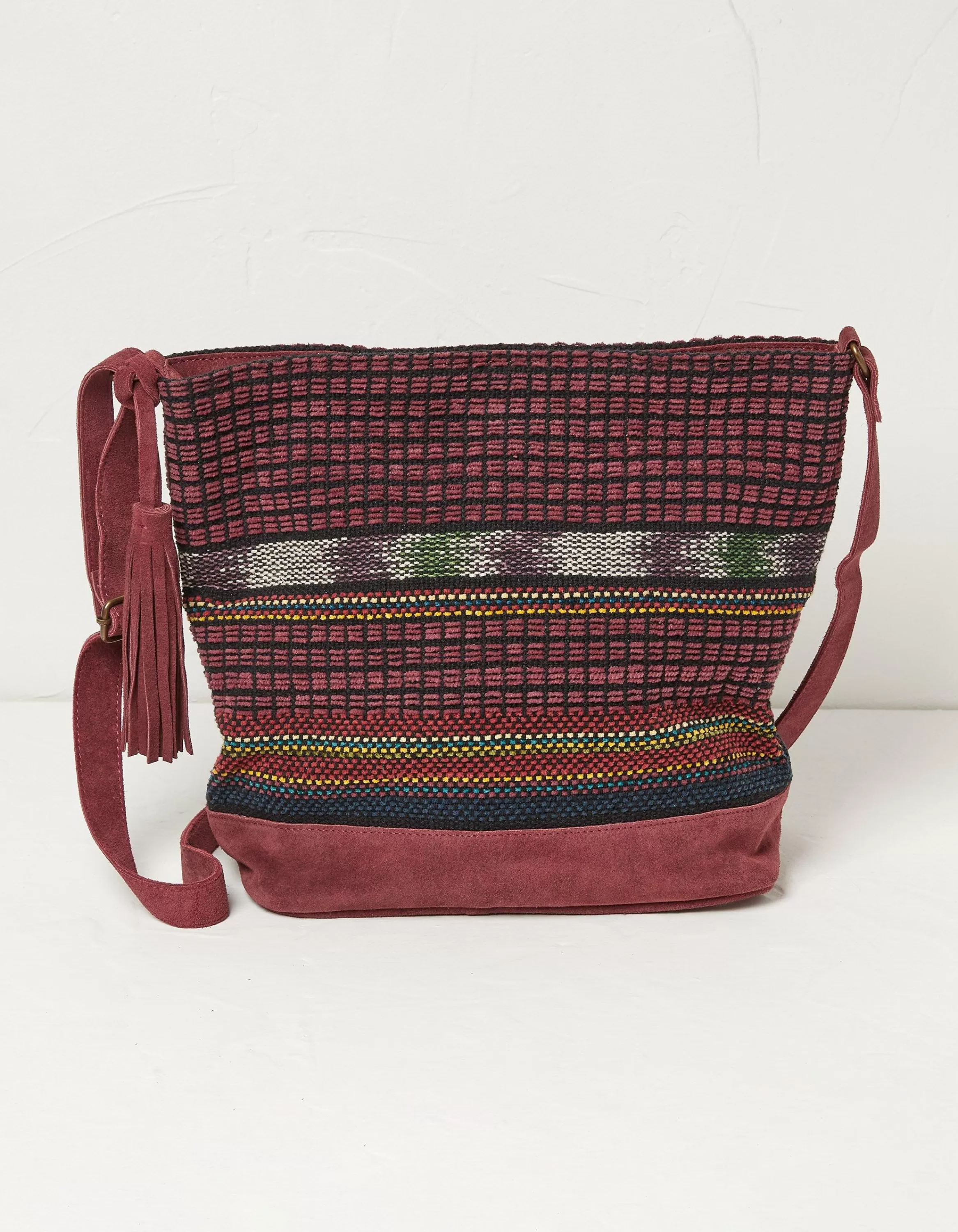 Fashion FatFace Lula Suede Woven Shoulder Bag Burgundy