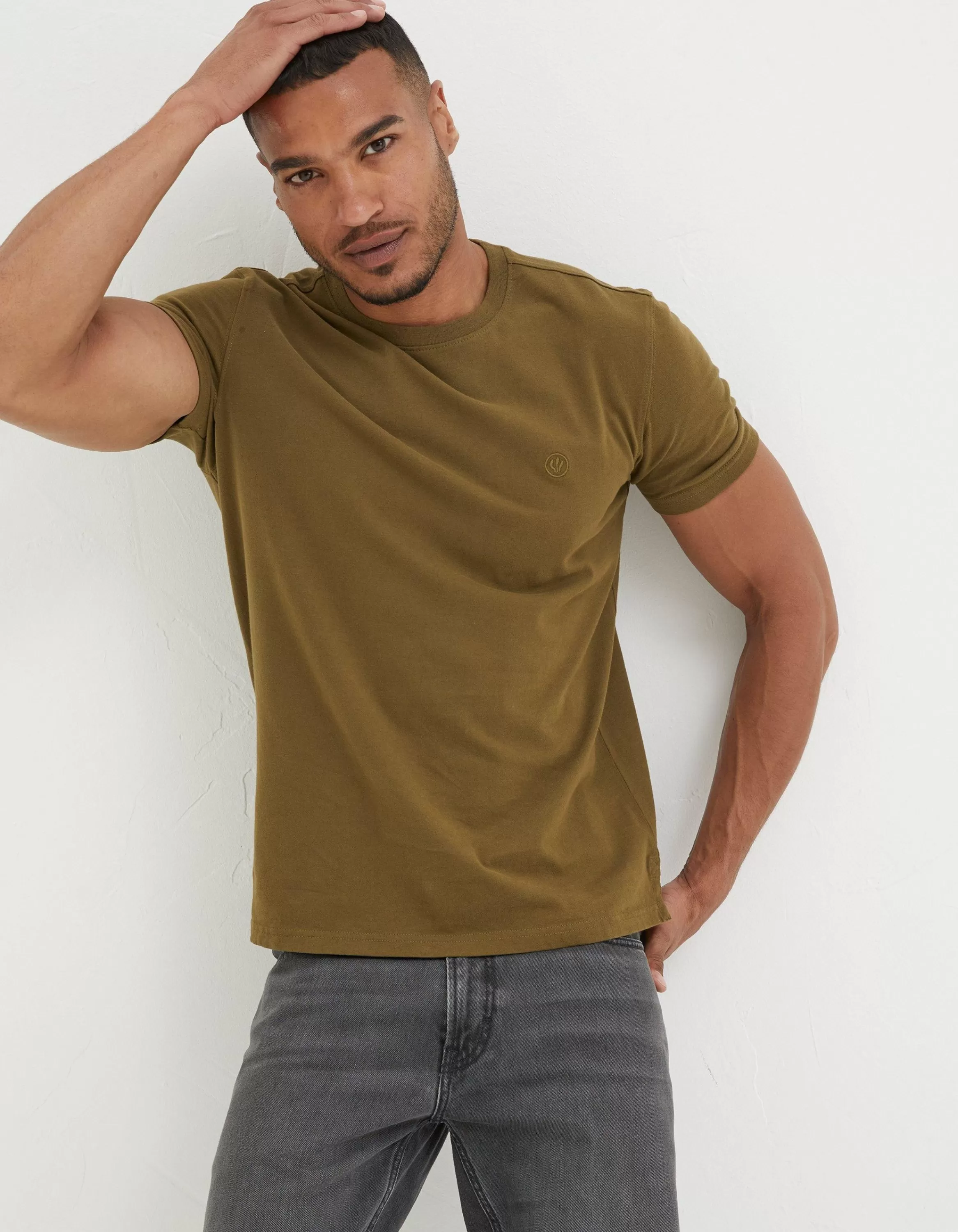 Sale FatFace Lulworth Organic Cotton Crew T-Shirt Olive Green