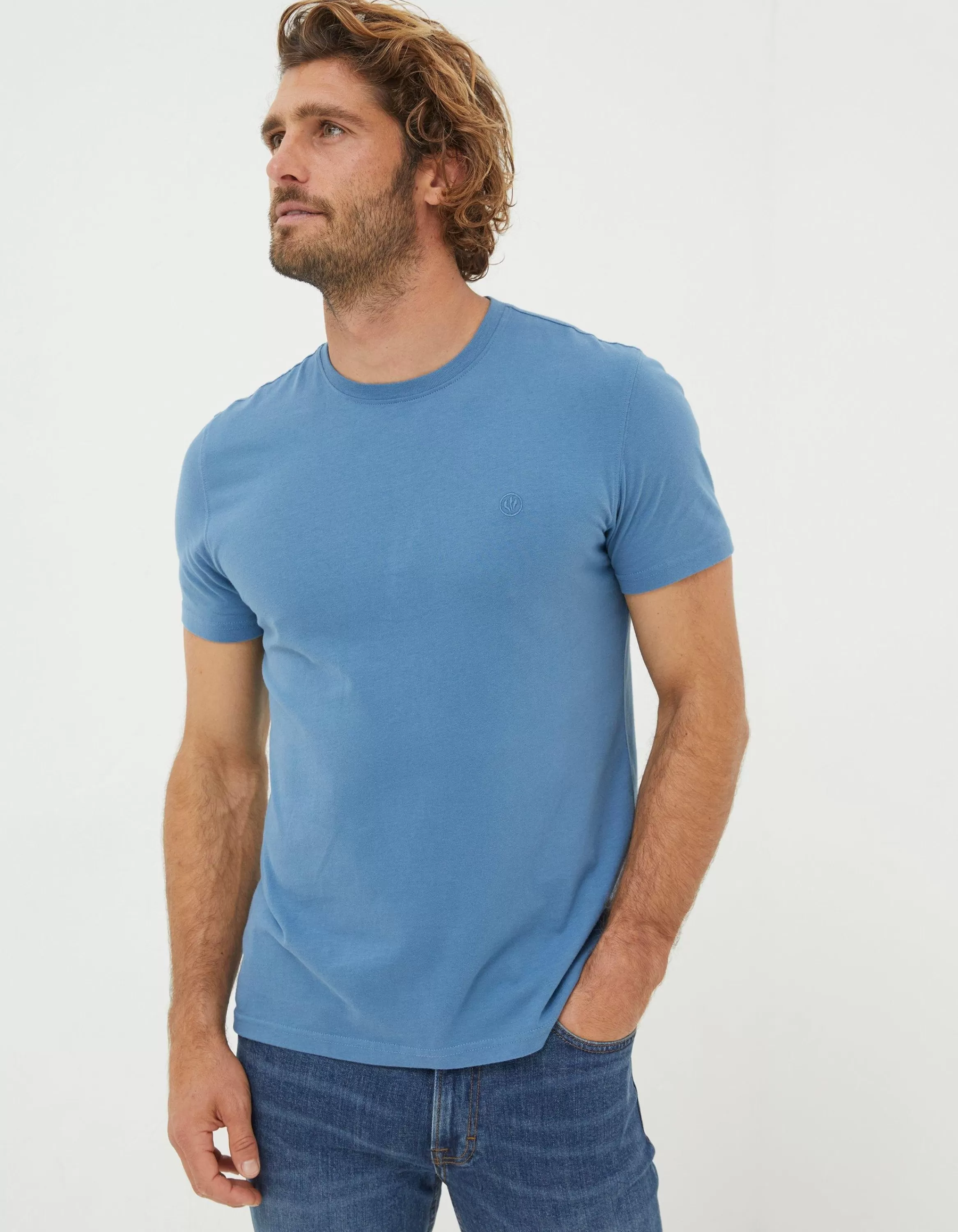 Sale FatFace Lulworth Organic Crew T-Shirt Washed Blue