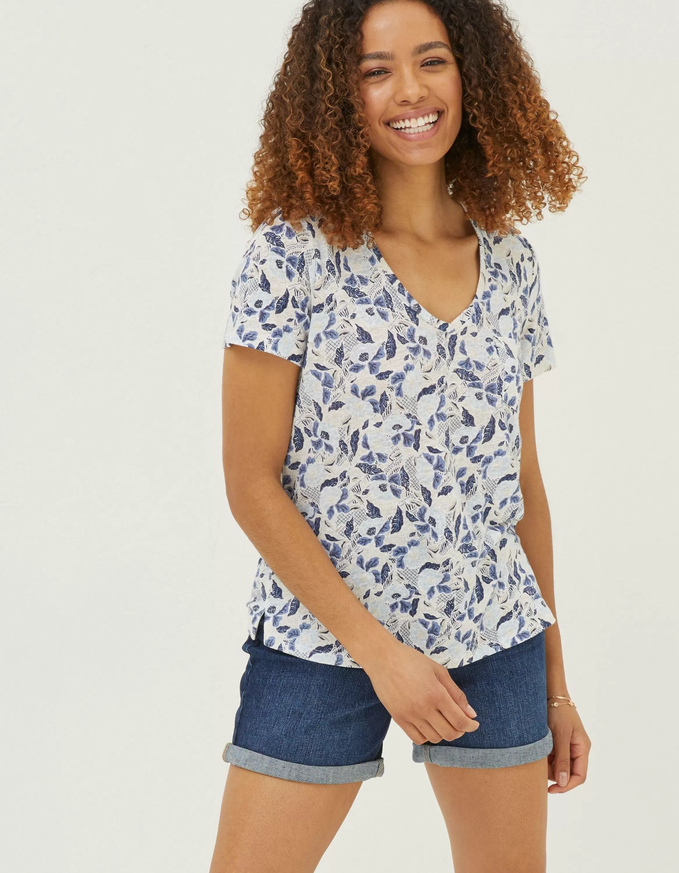 Outlet FatFace Maggie Flower Linen T-Shirt Ivory