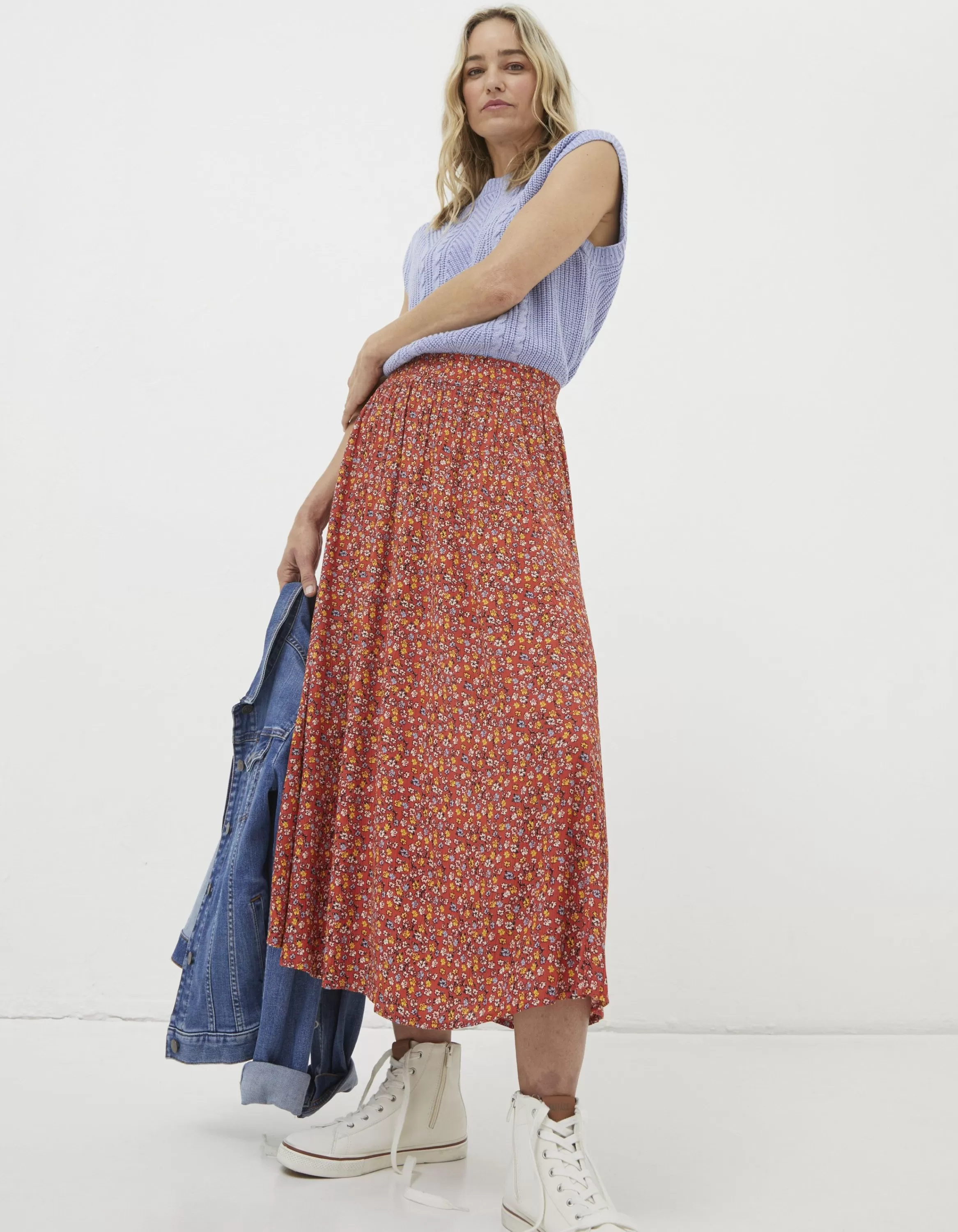 Fashion FatFace Millie Gradient Floral Midi Skirt Vintage Red