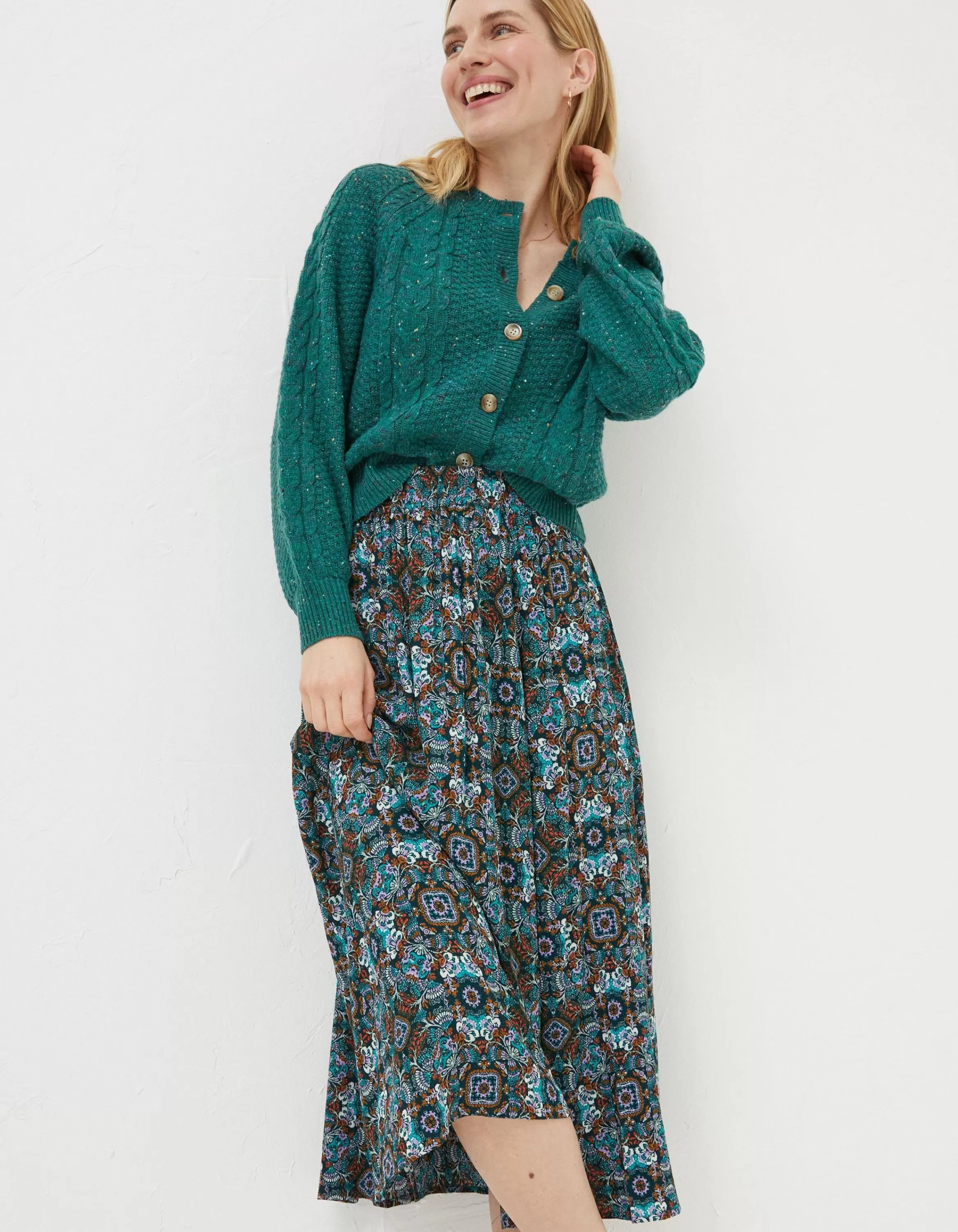 Sale FatFace Millie Mirrored Midi Skirt Teal Green