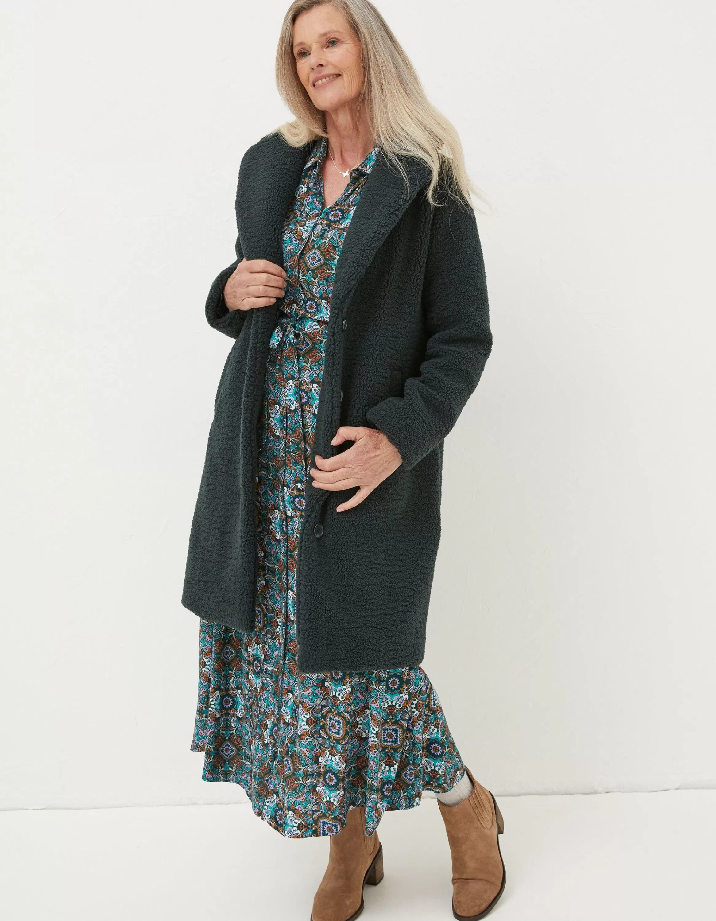 Flash Sale FatFace Mylah Teddy Longline Coat Dark Teal