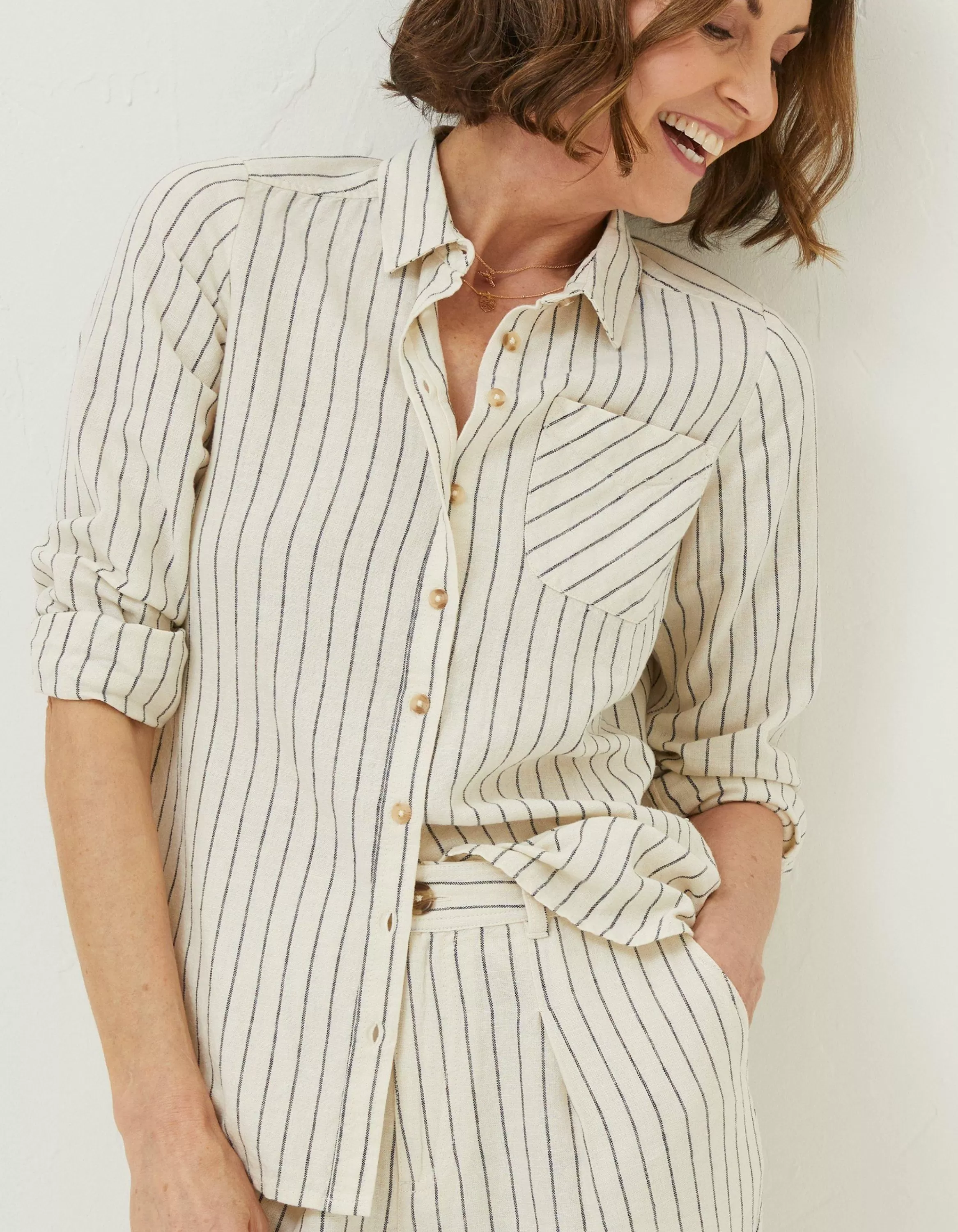 Online FatFace Olivia Stripe Linen Blend Shirt Ivory