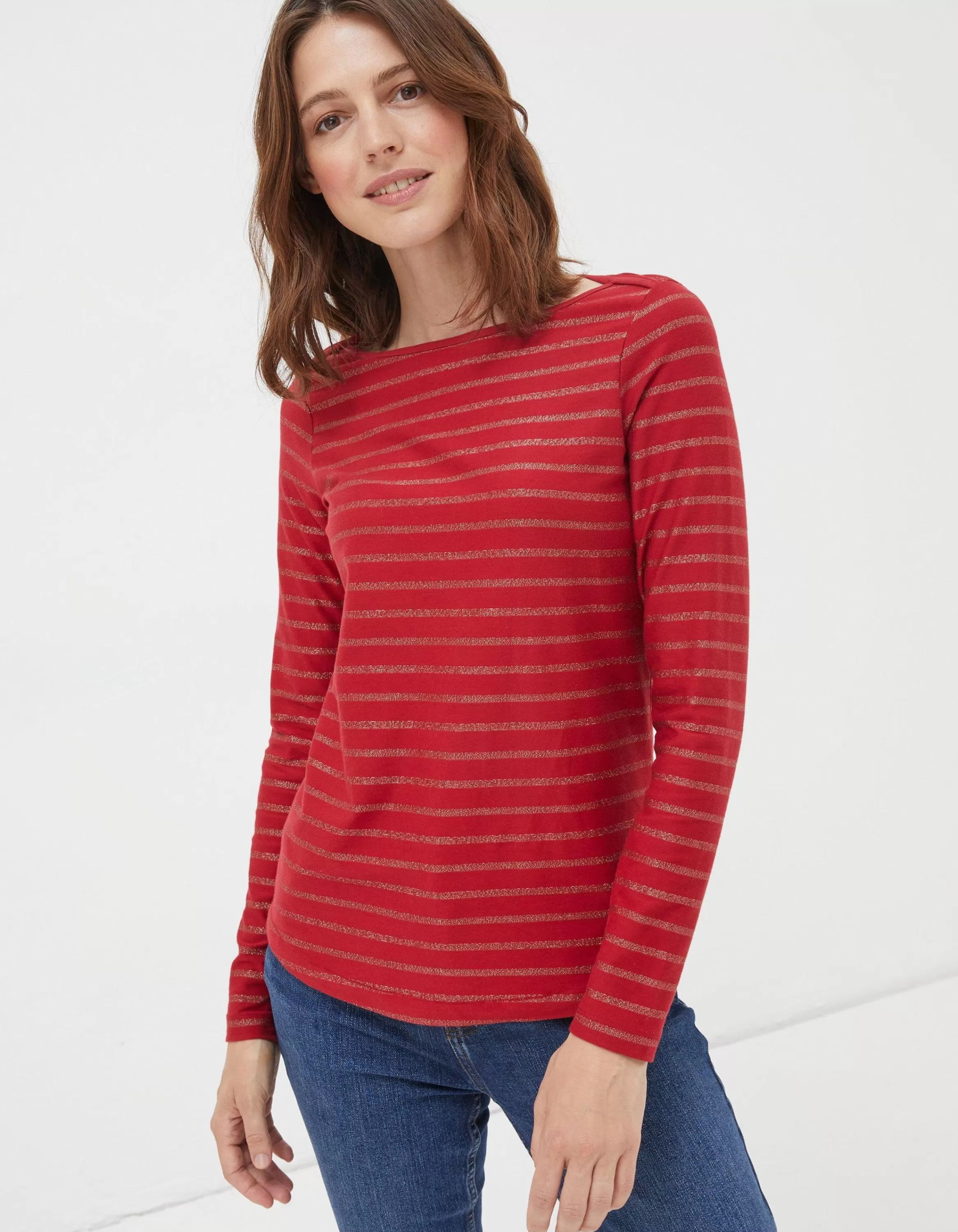 Cheap FatFace Organic Cotton Glitter Breton Bright Red