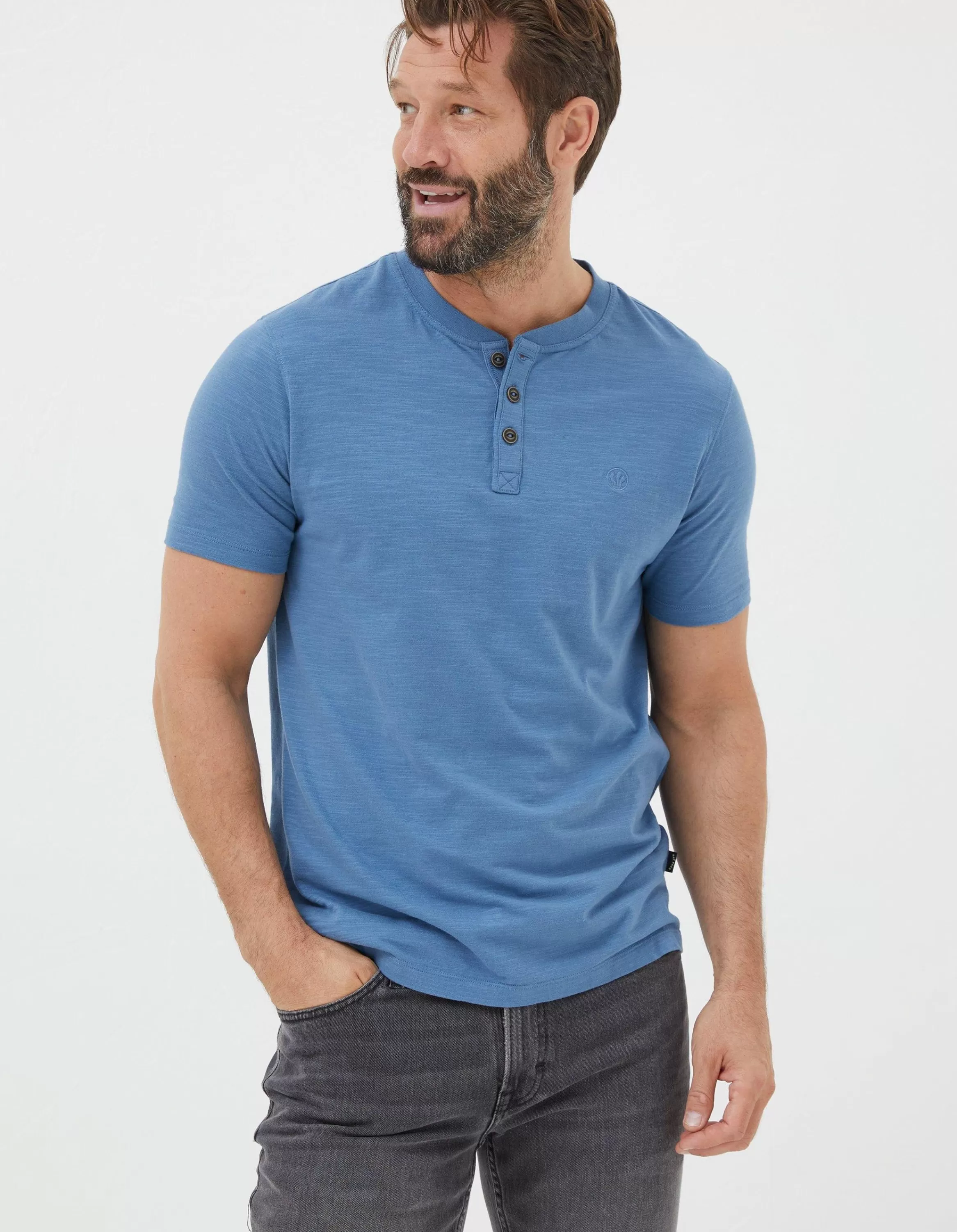 Flash Sale FatFace Organic Cotton Woodside Slub Henley Light Denim Blue