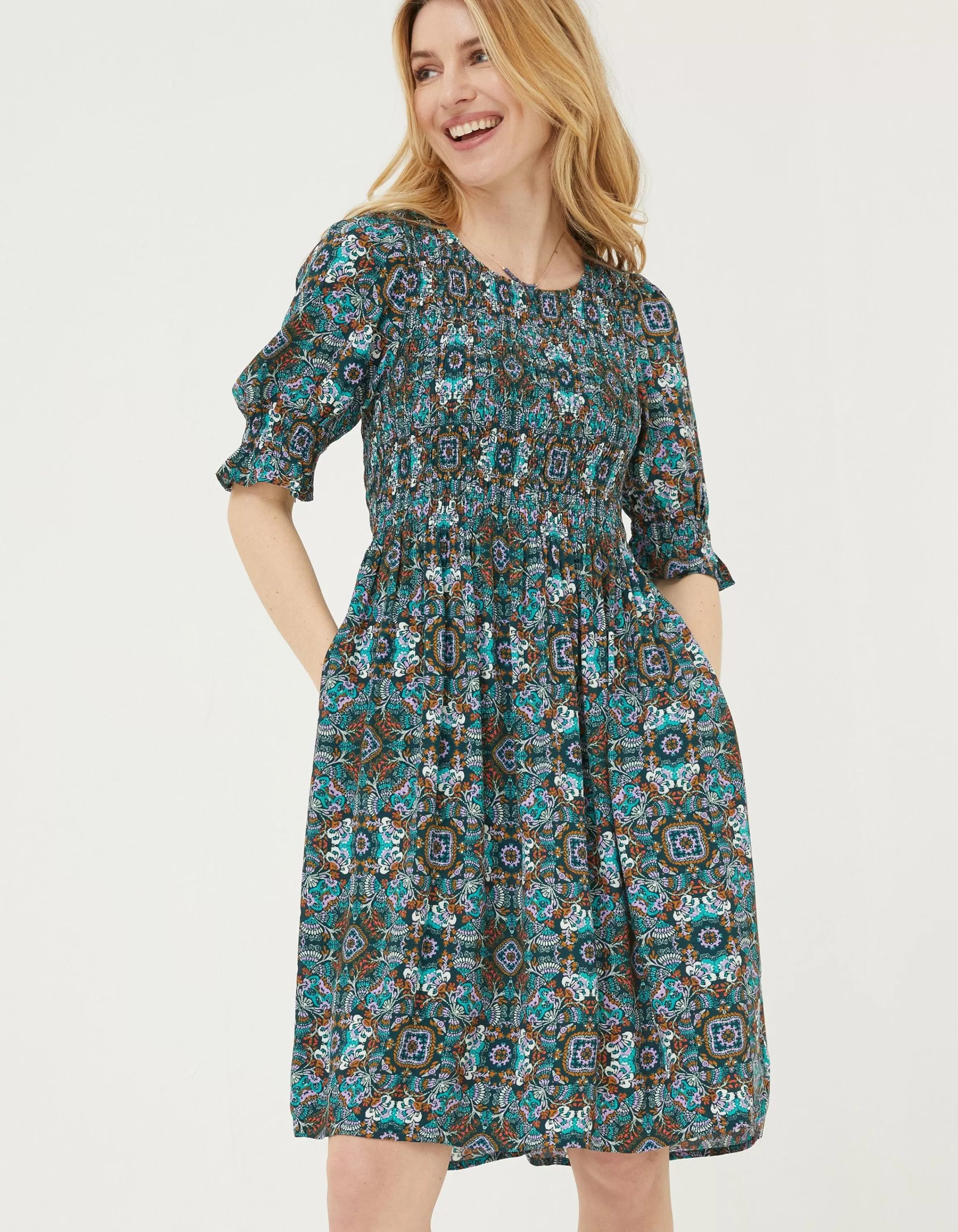 Online FatFace Pacey Mirrored Floral Dress Teal Green