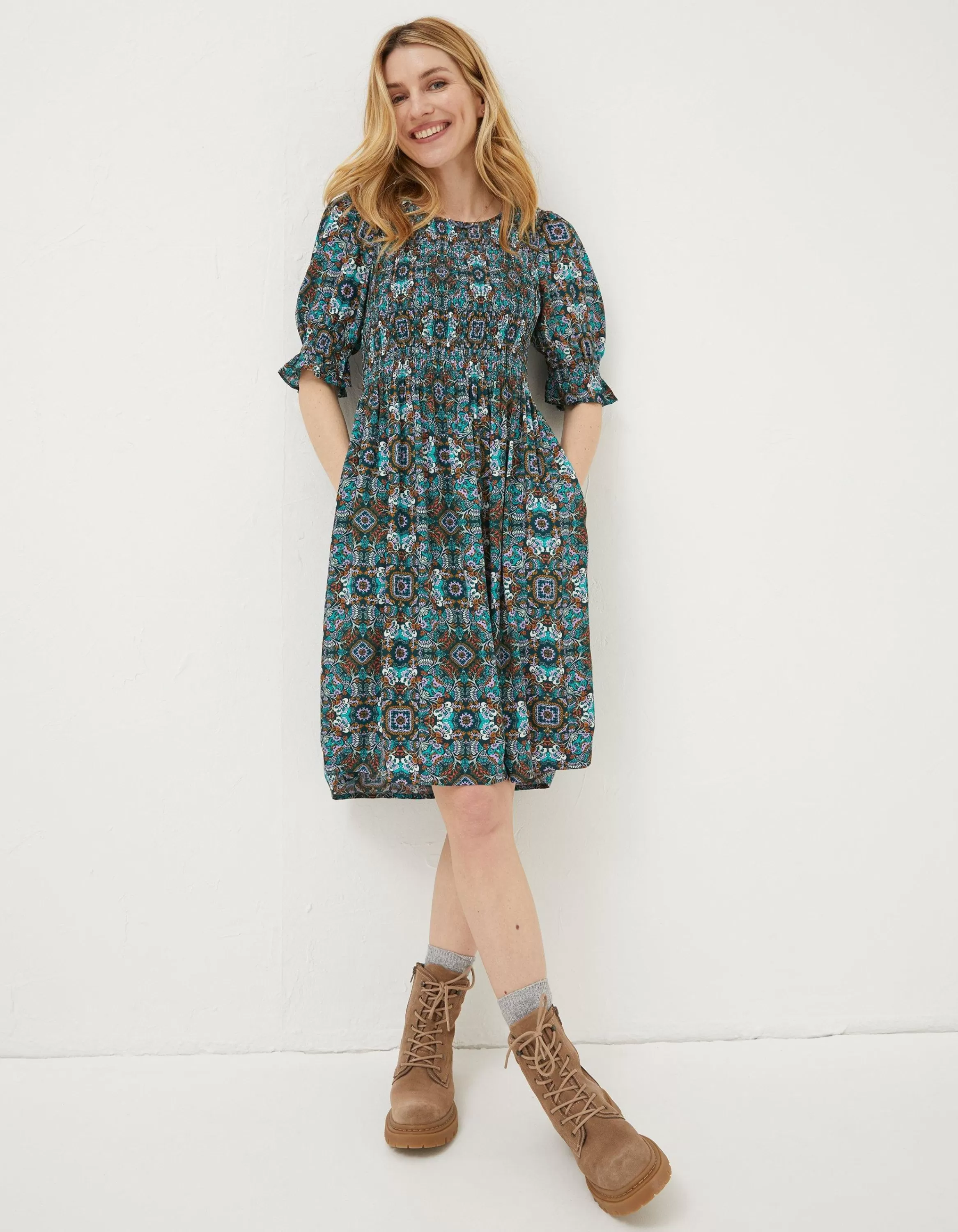 Online FatFace Pacey Mirrored Floral Dress Teal Green