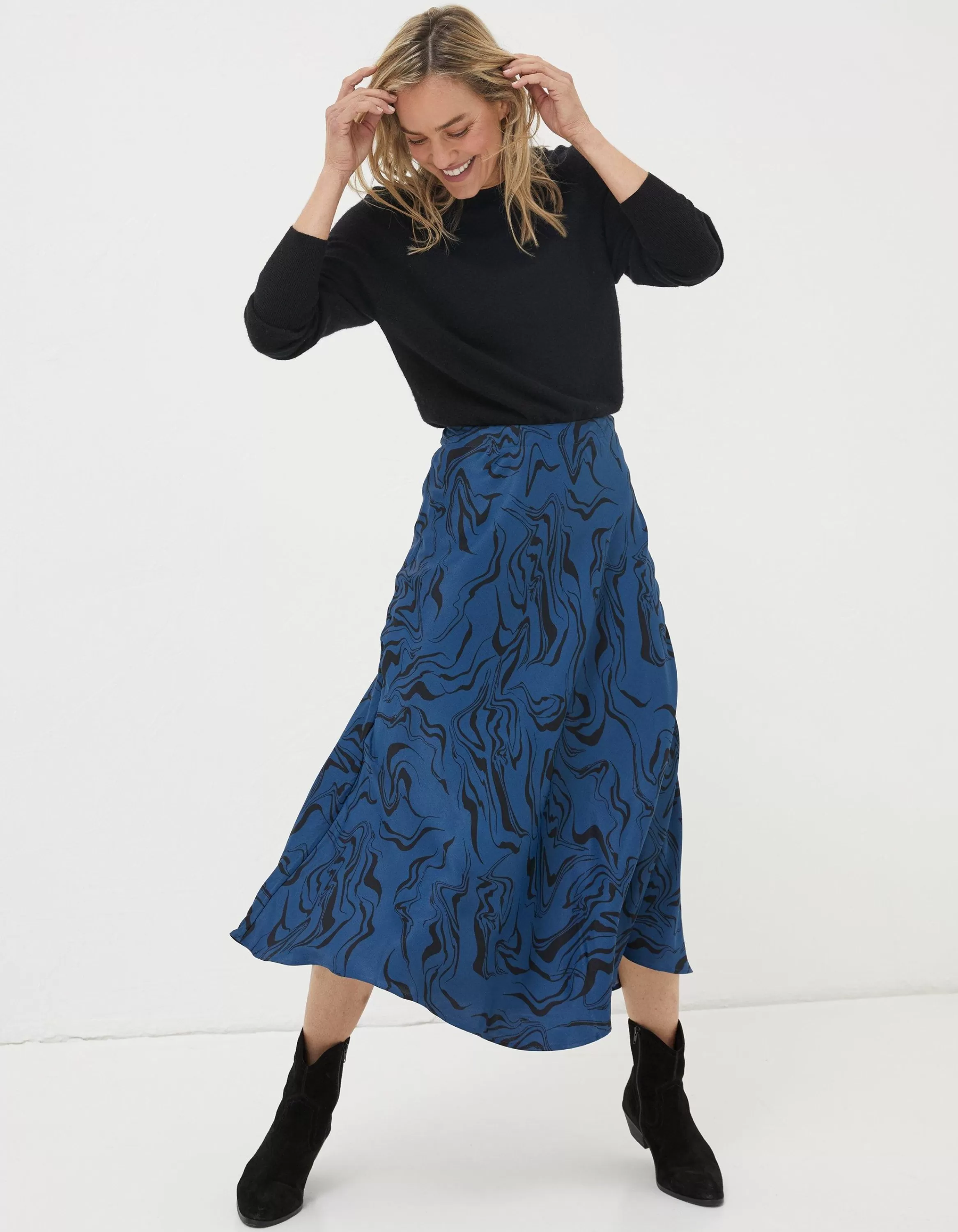 Clearance FatFace Pat Marble Midi Skirt Teal Blue