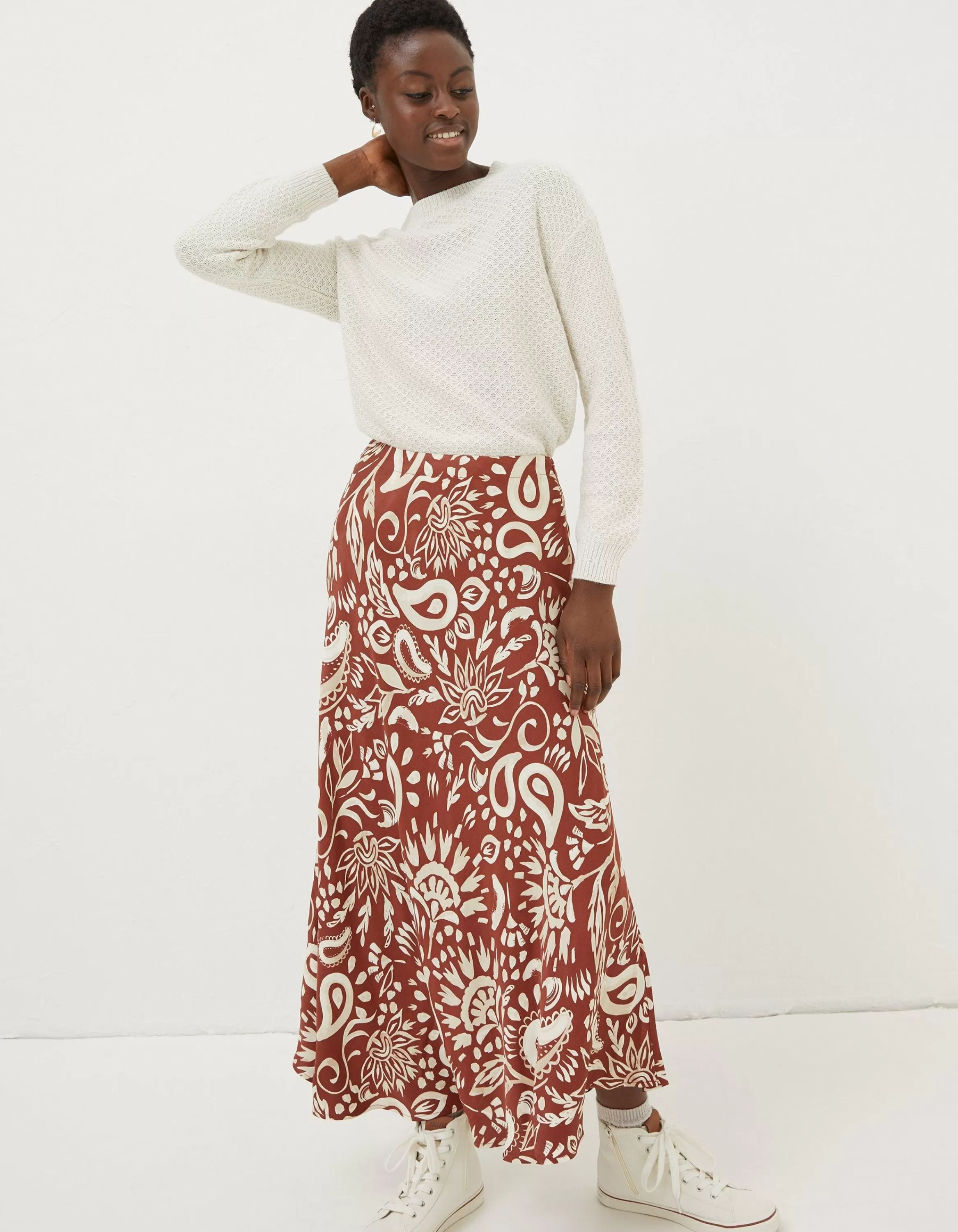 Online FatFace Pat Watercolour Midi Skirt Brown