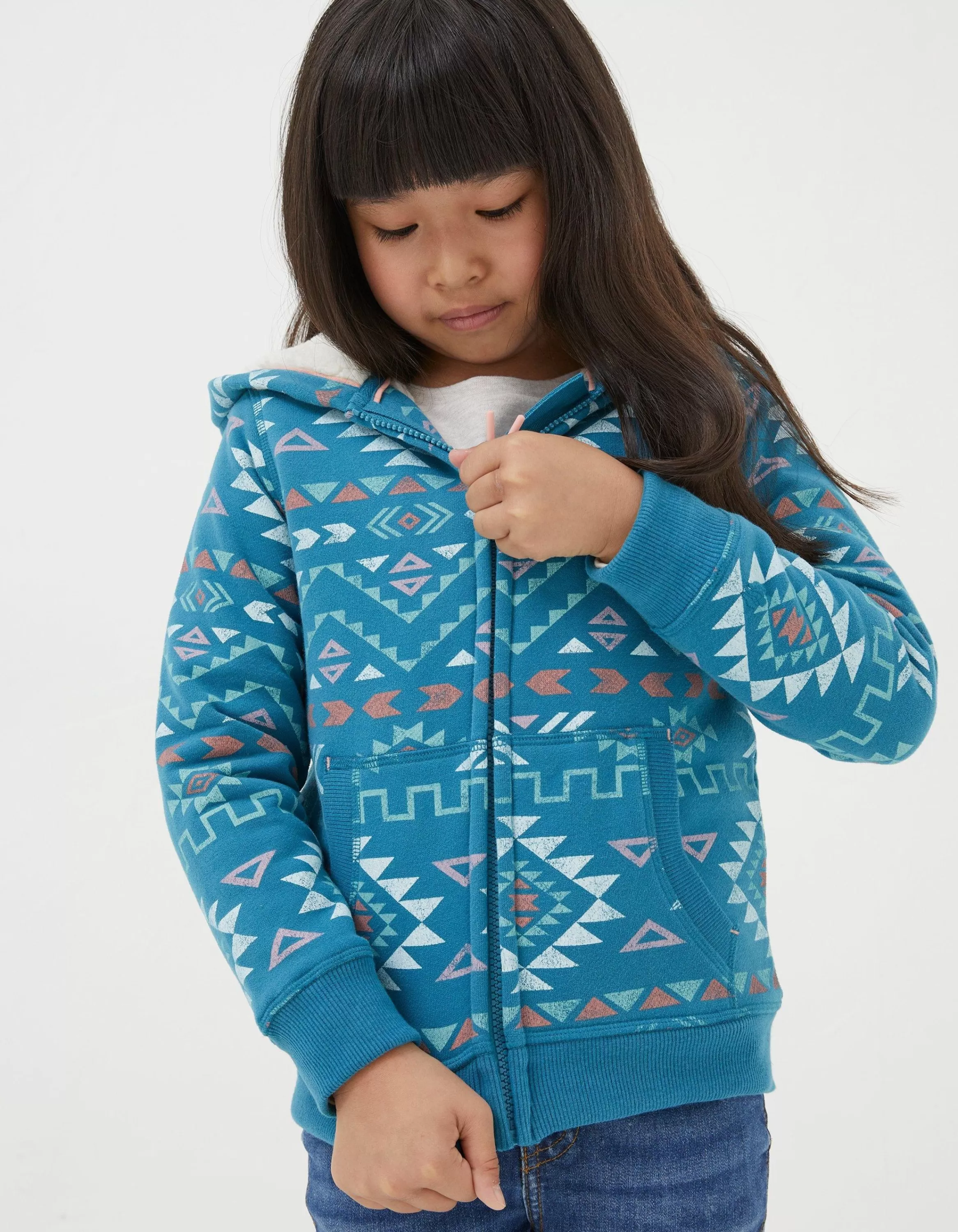 Sale FatFace Pattern Zip Sweat Hoodie Teal Green