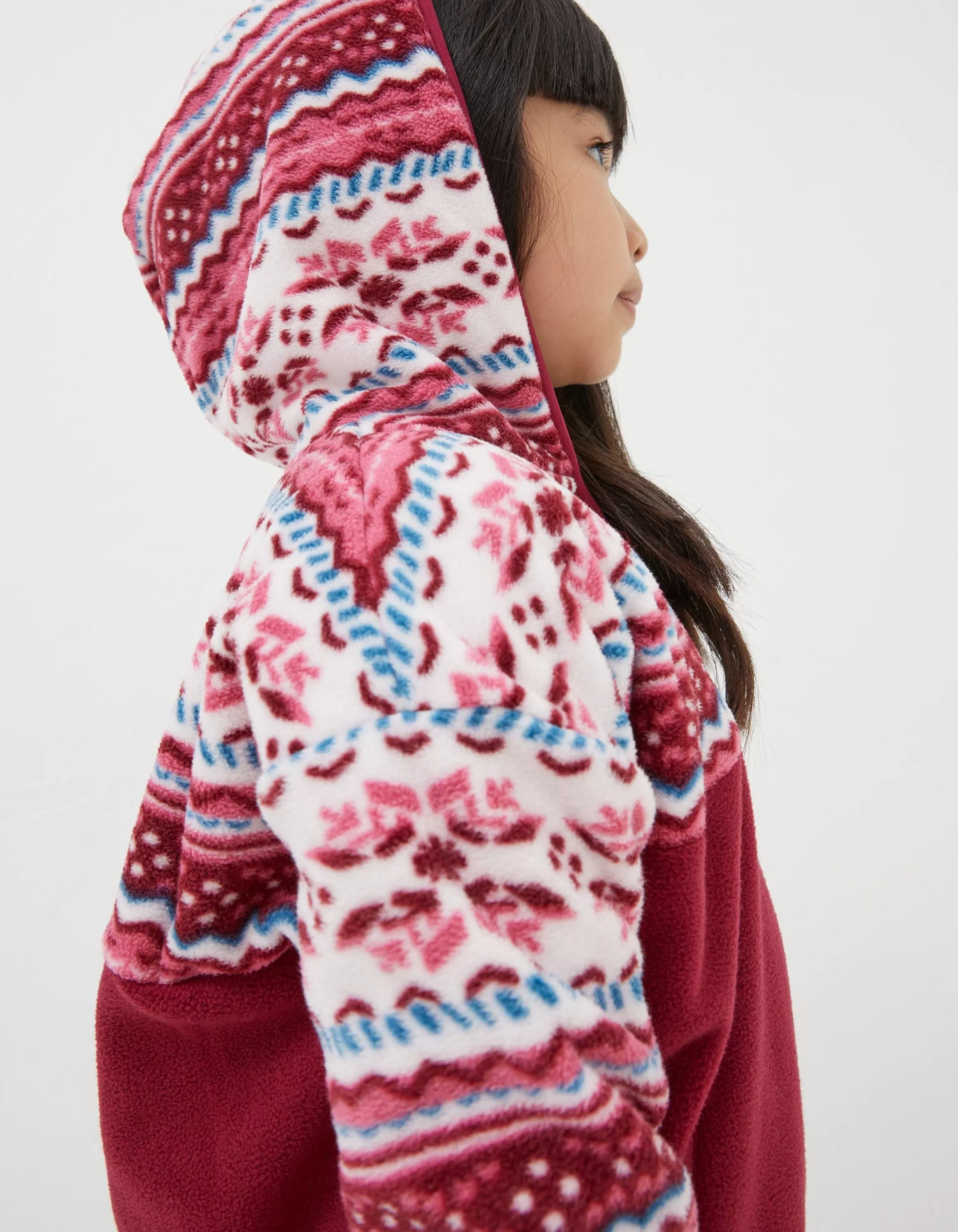 Discount FatFace Patterned Microfleece Hoodie Rasp Red