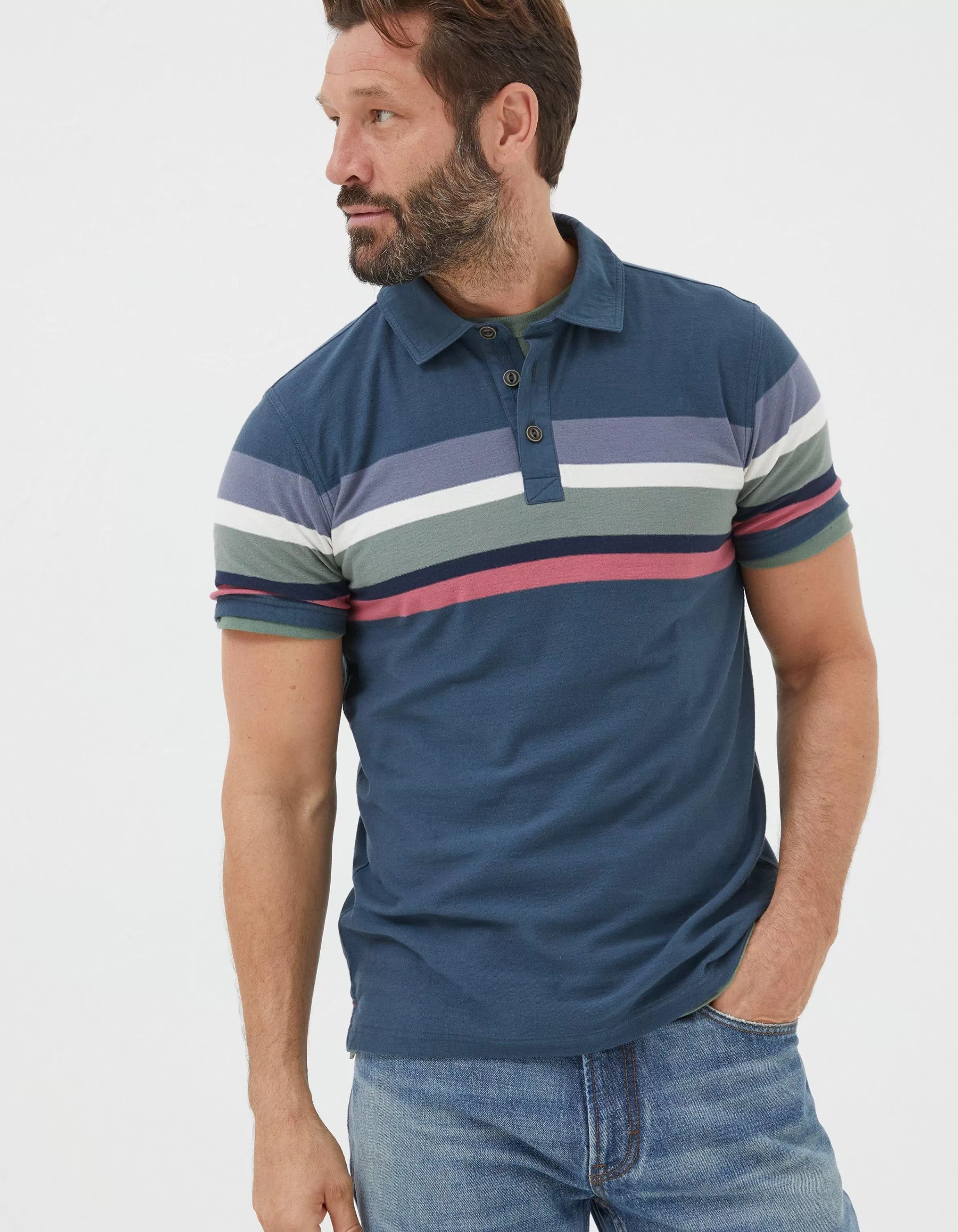 Cheap FatFace Perranporth Chest Stripe Polo French Navy