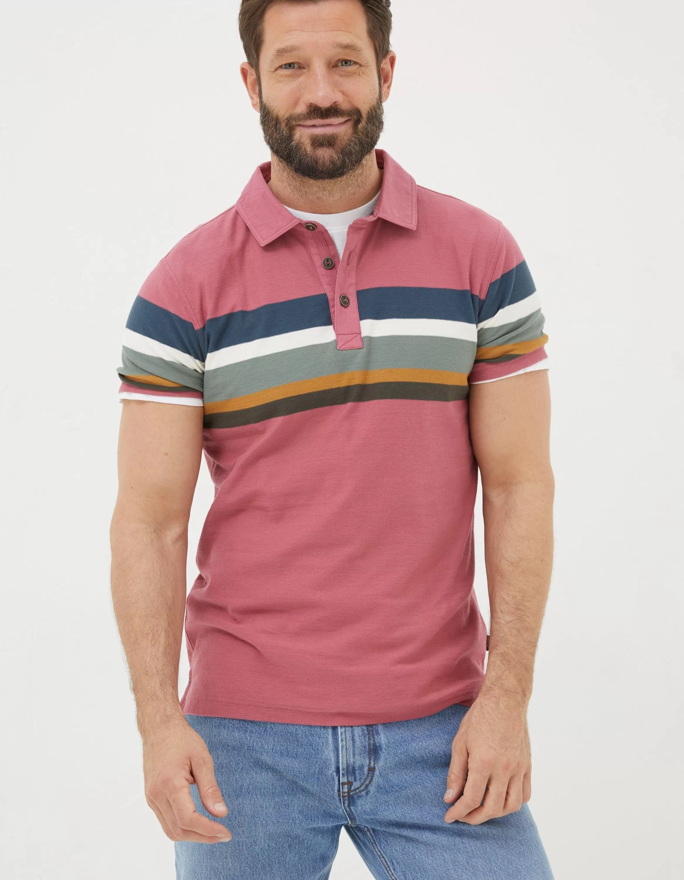 New FatFace Perranporth Chest Stripe Polo Rose Pink