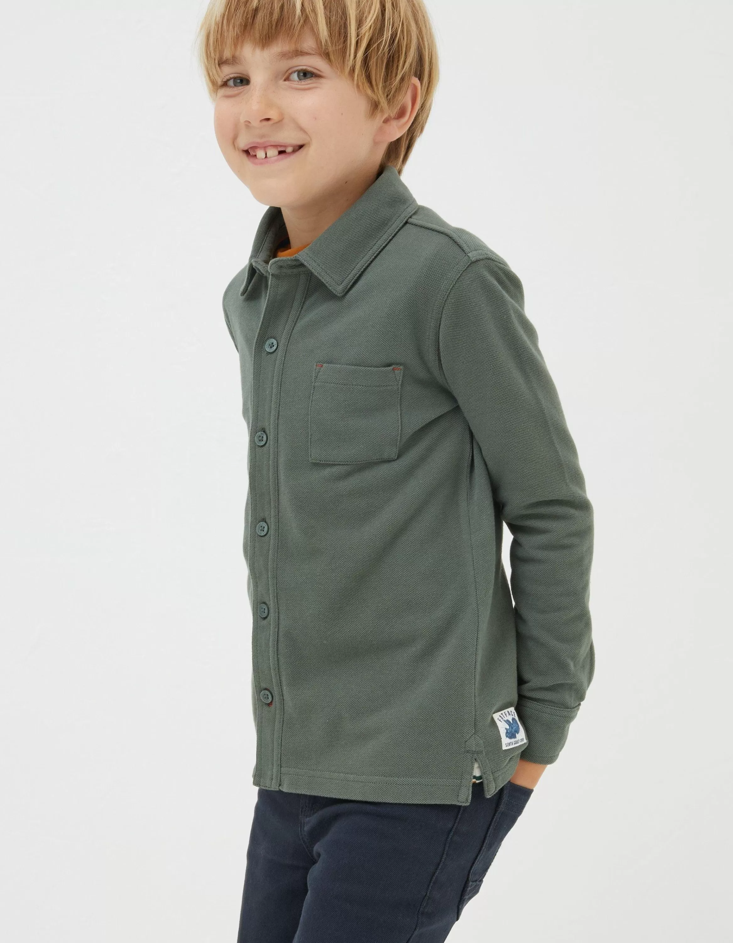 Best Sale FatFace Pique Long Sleeve Shirt Khaki Green