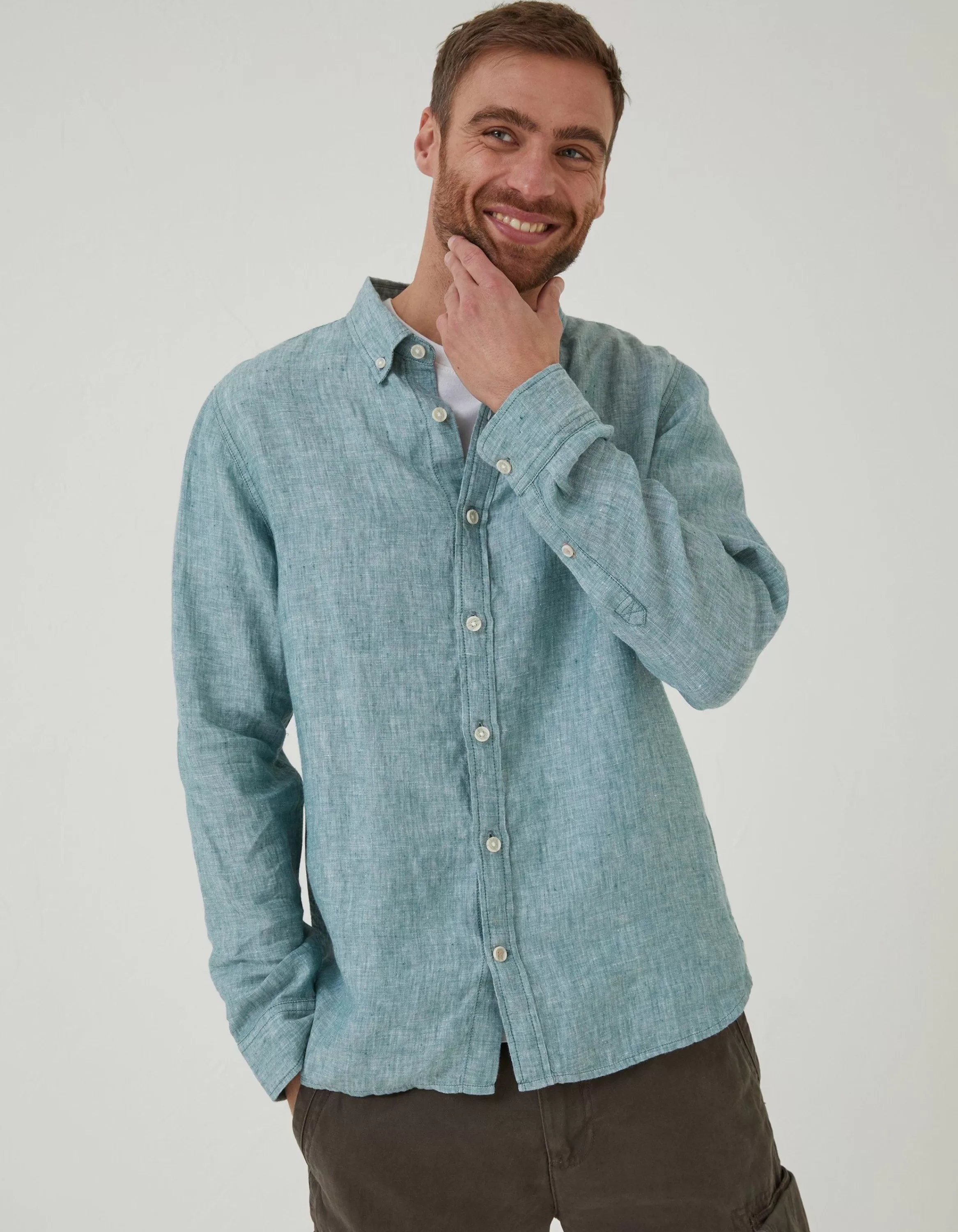 Shop FatFace Plain Linen Shirt Green