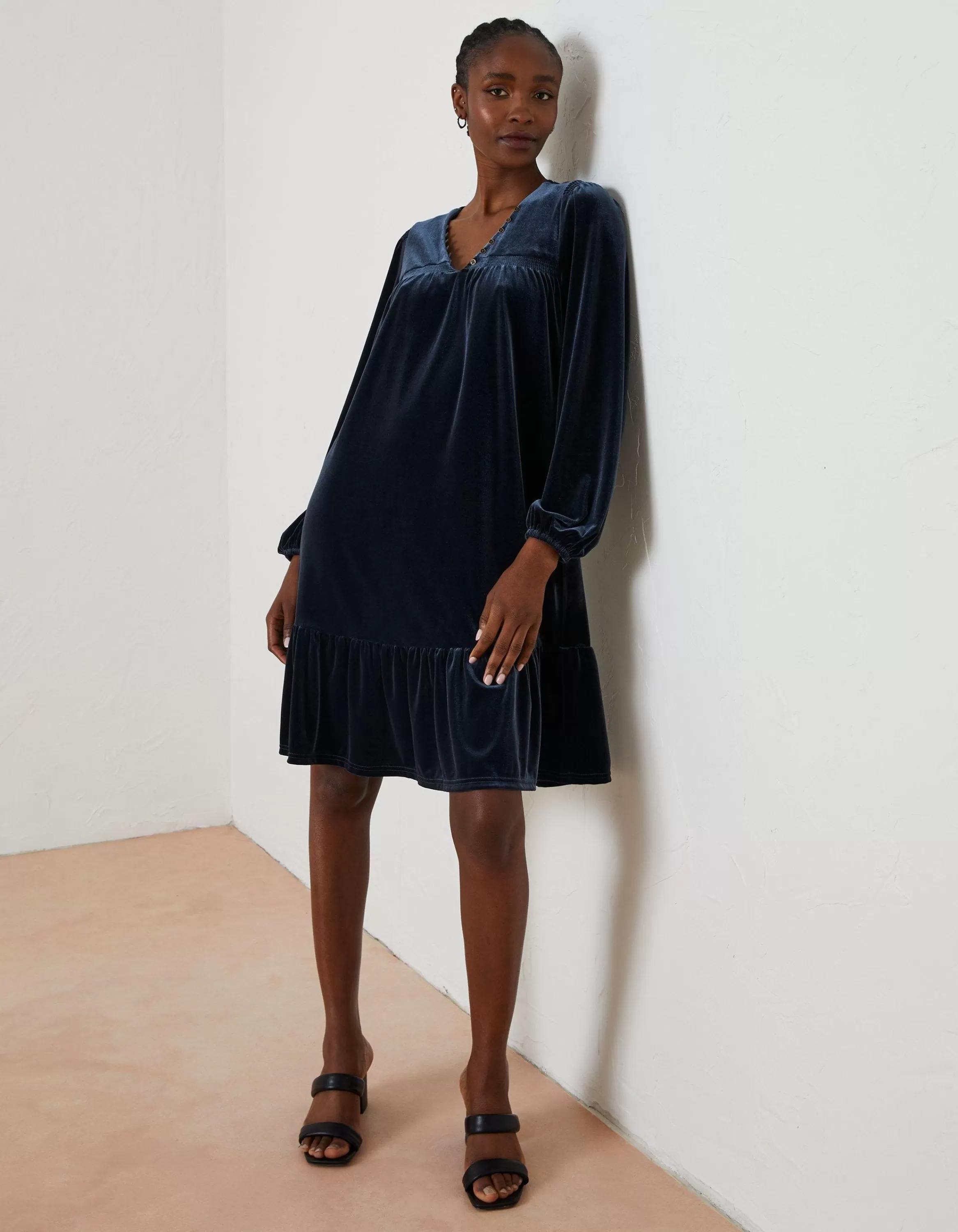 Outlet FatFace Poplar Velvet Swing Dress Dark Navy