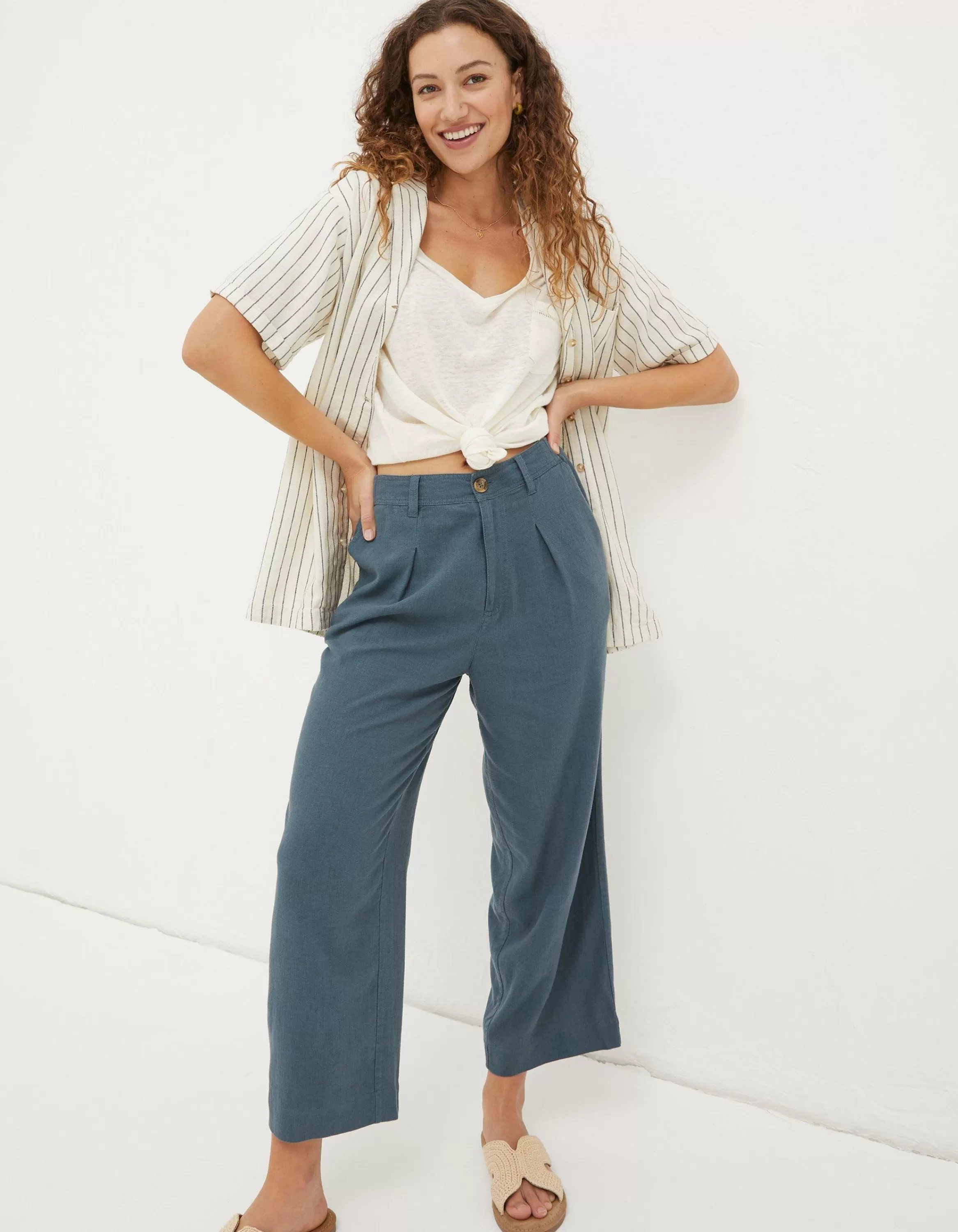 Store FatFace Portloe Linen Blend Trousers Teal Blue