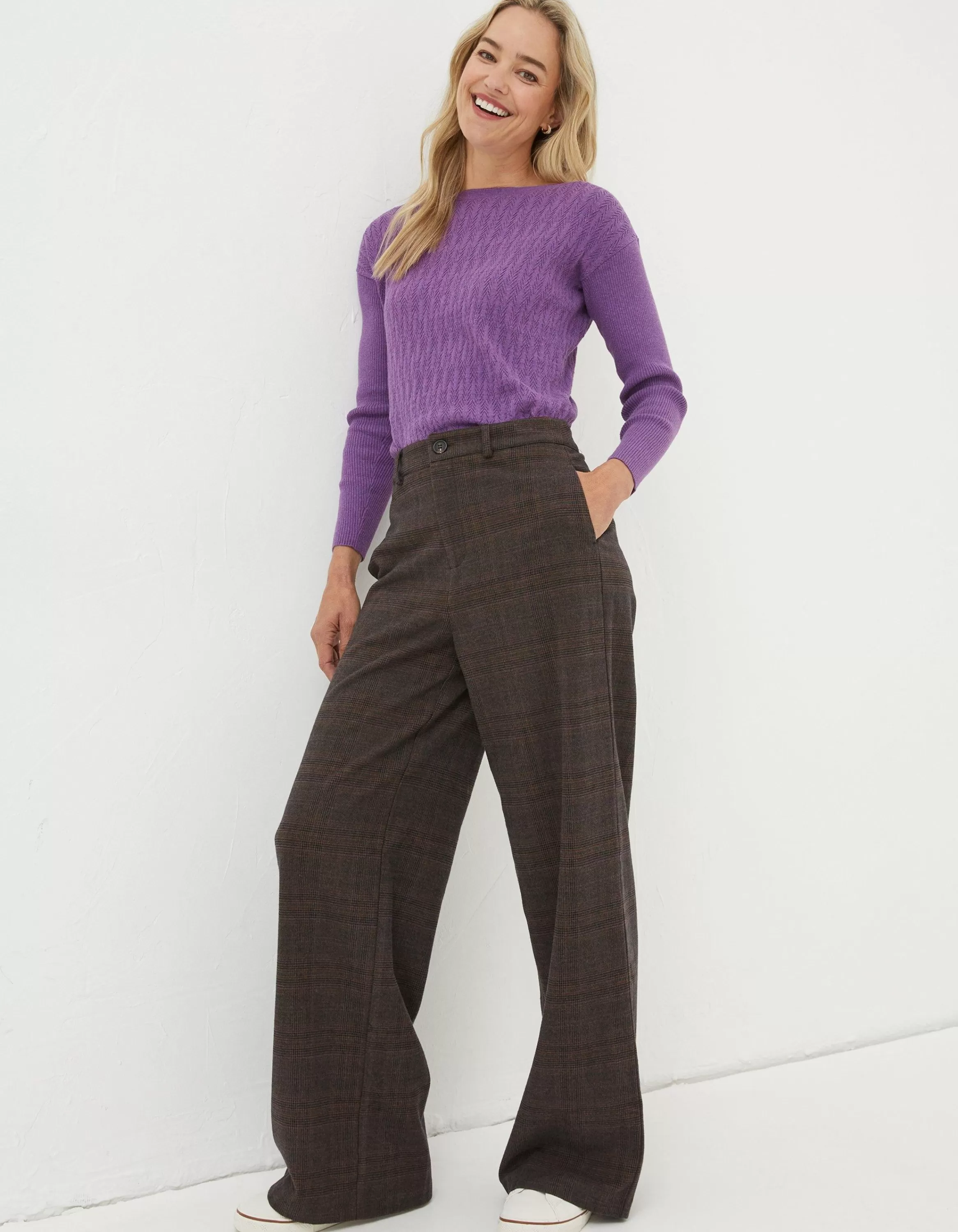 Outlet FatFace Presley Check Wide Leg Trousers Purple