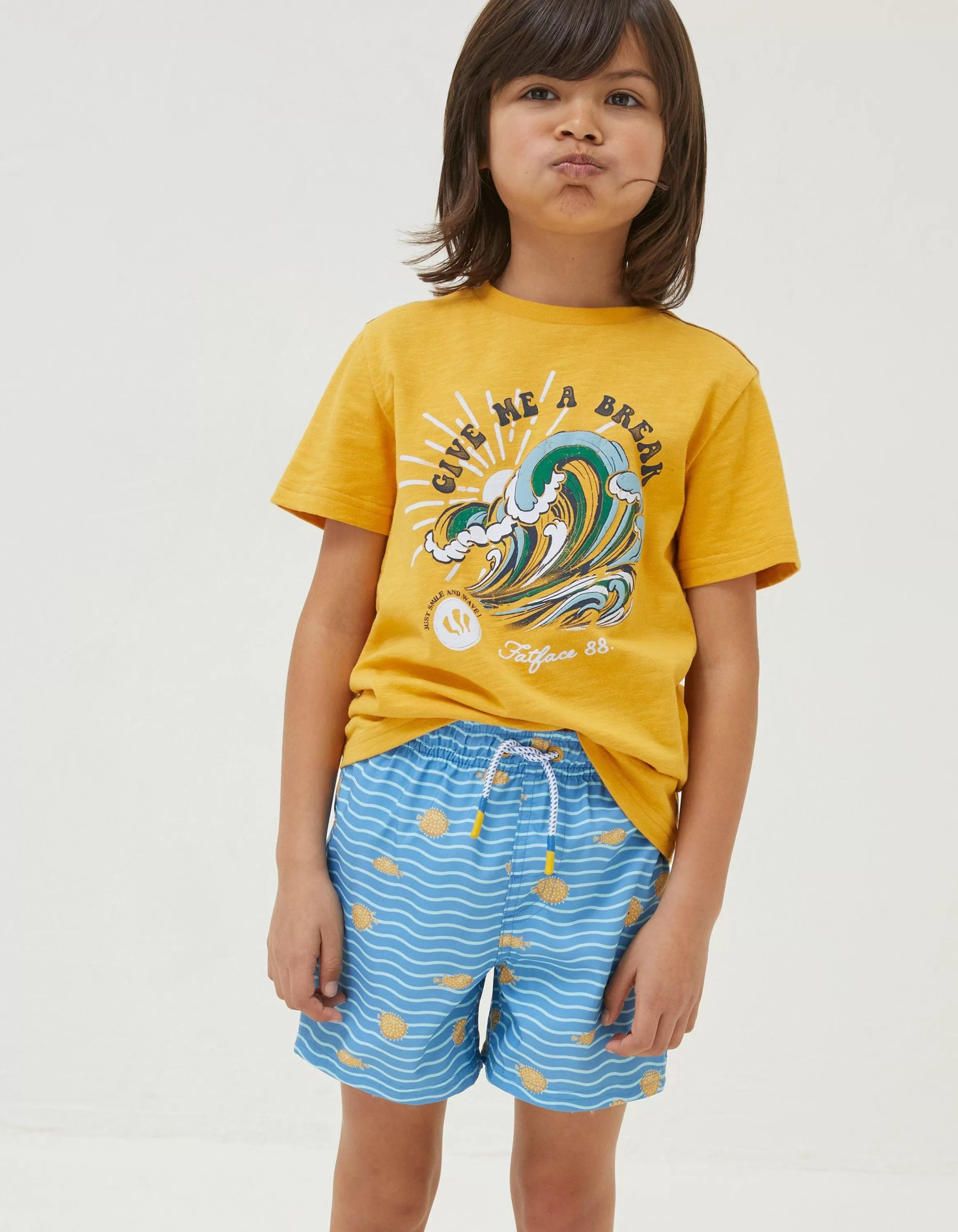 New FatFace Pufferfish Swim Shorts Light Blue