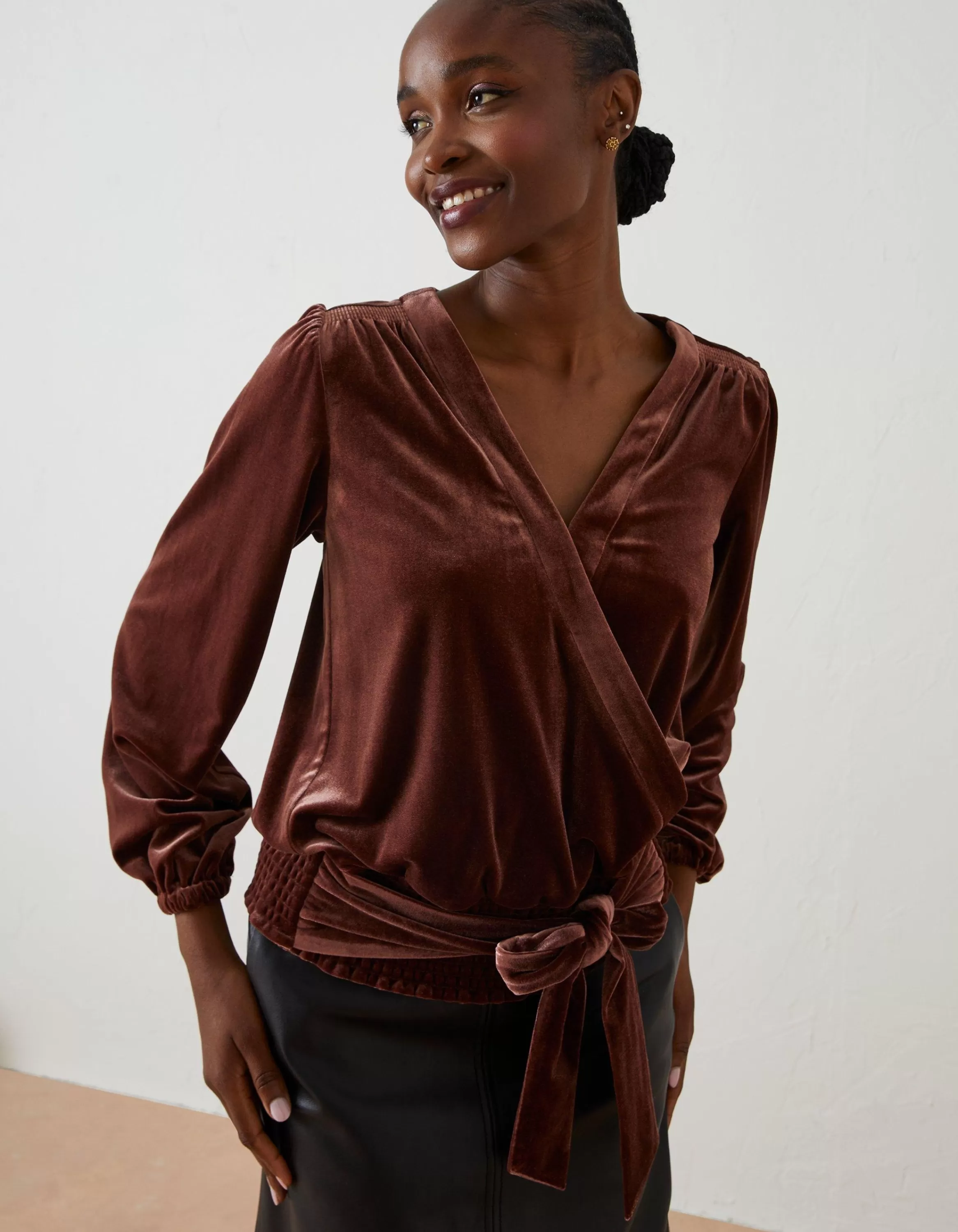 Cheap FatFace Reese Velvet Wrap Top Rust Brown