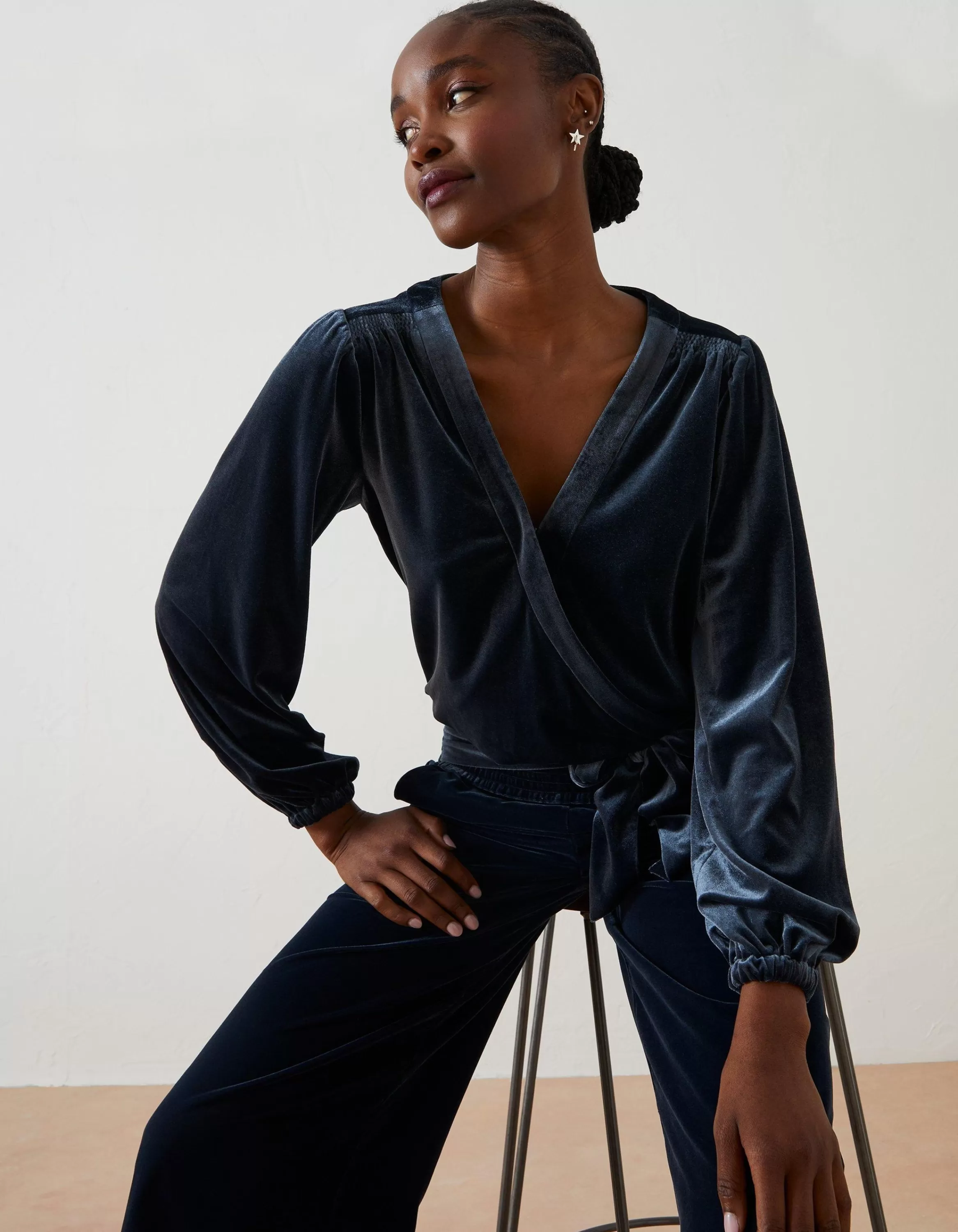 Cheap FatFace Reese Velvet Wrap Top Dark Navy