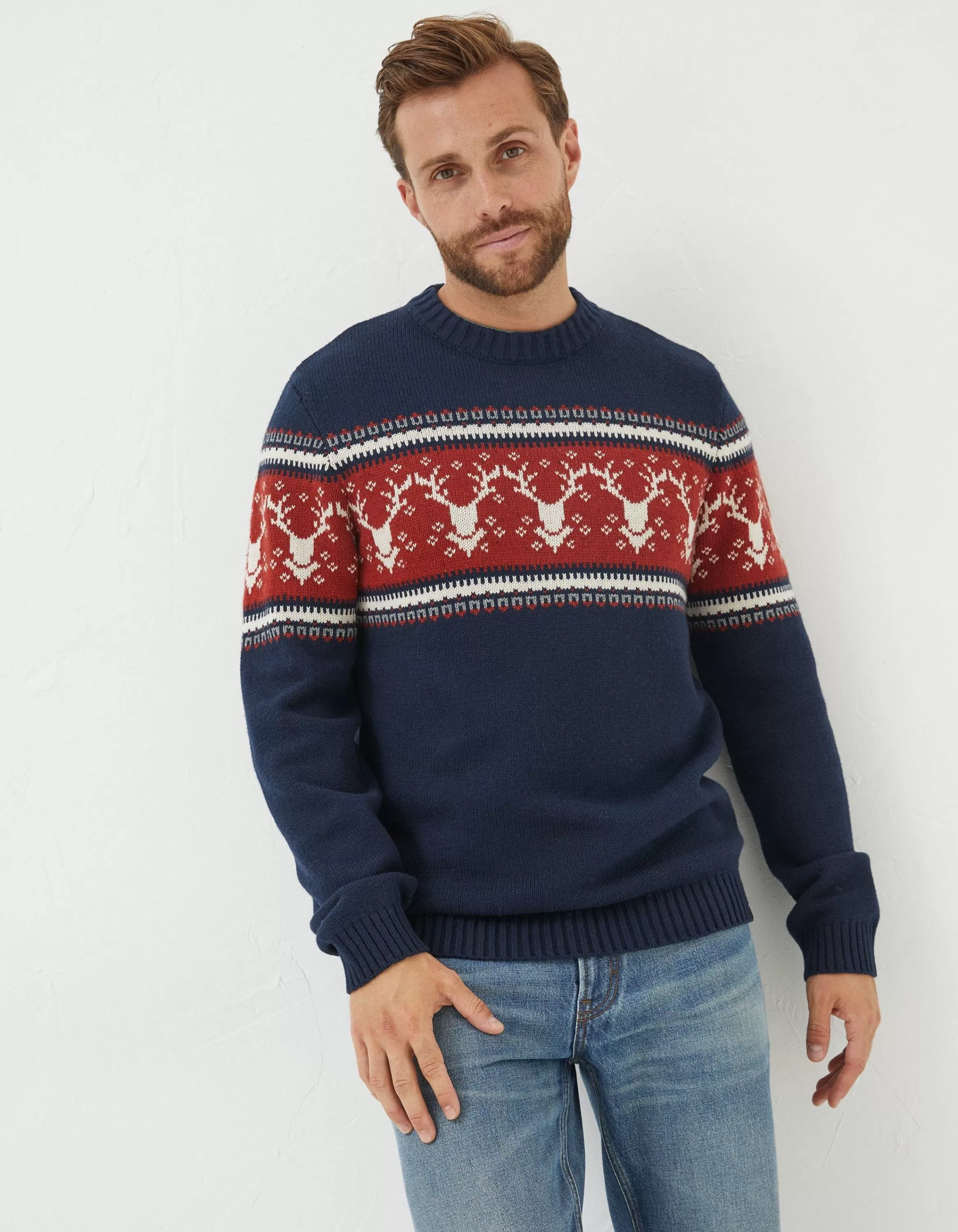 Discount FatFace Reindeer Crew Neck Jumper Navy